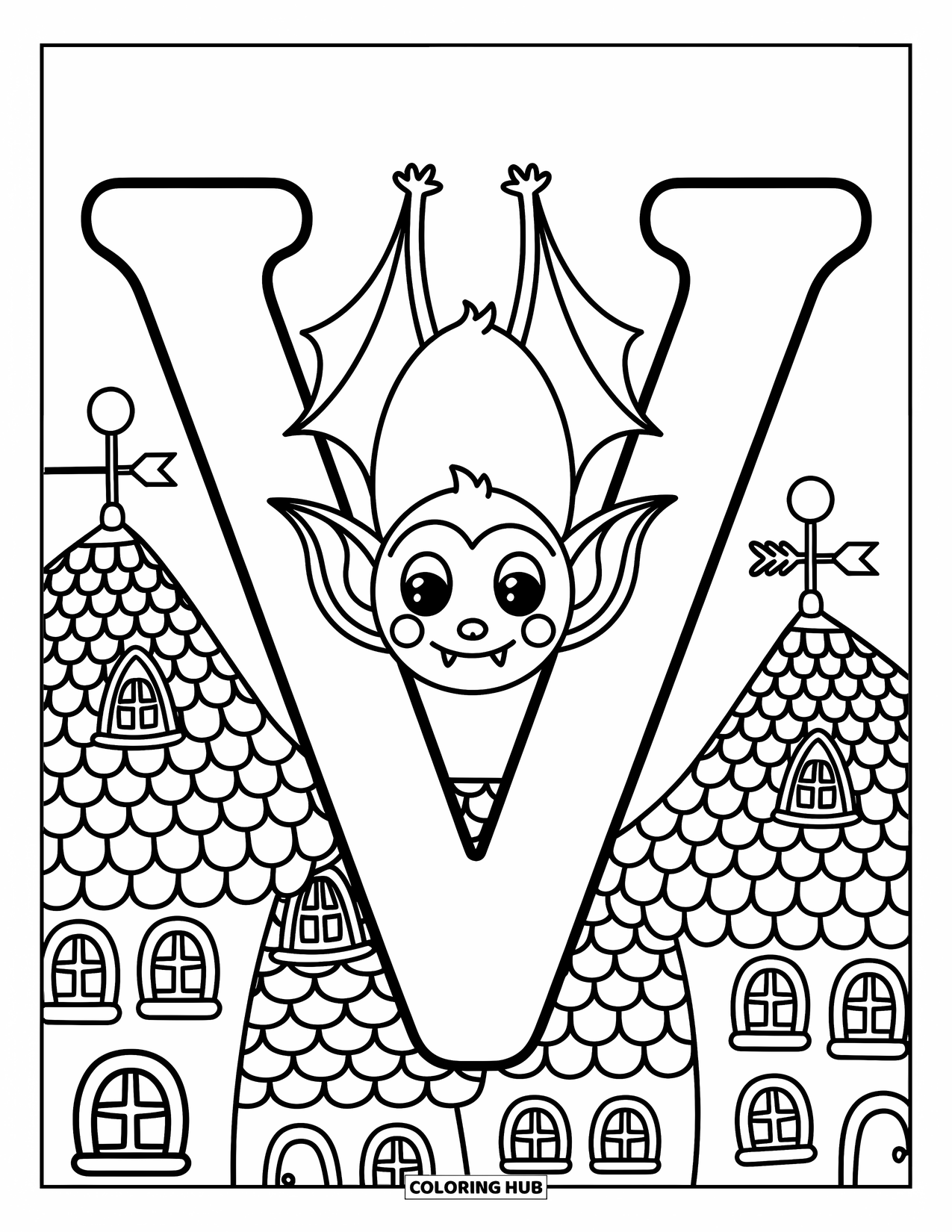 Letter V Coloring Page for Adults: A cheerful bat hangs from V above a tiny village scene