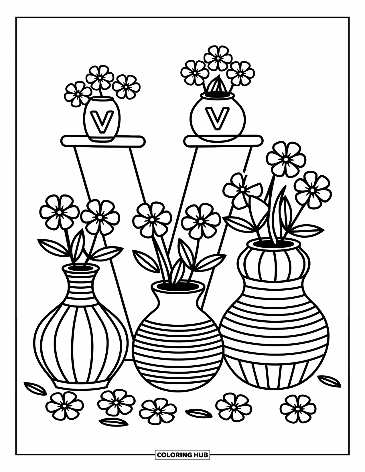 Letter V Coloring Page for Adults: A cozy V with flower-filled vases and a little shelf vase labeled ìV.î