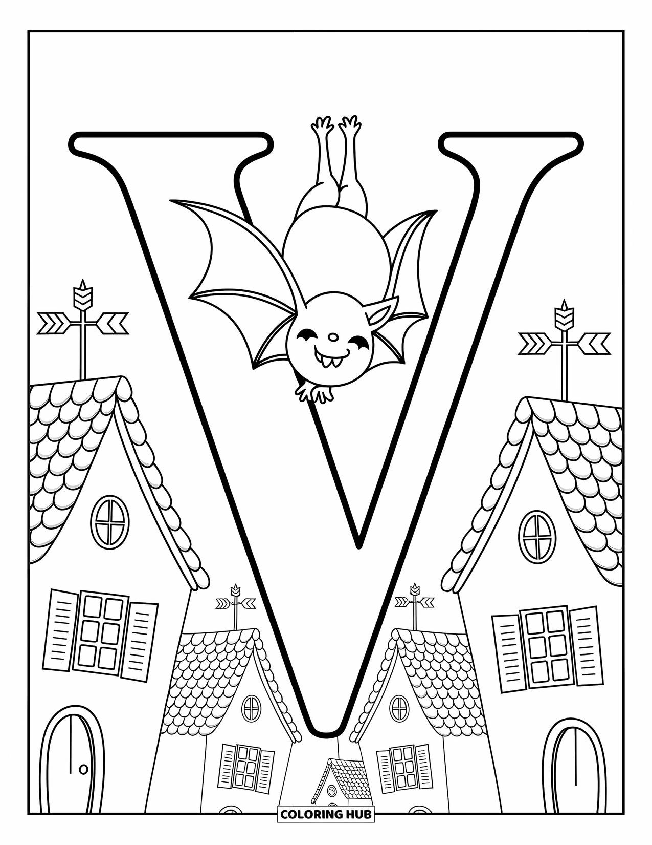 Letter V Coloring Page for Adults: A happy vampire bat hangs from V above soft, cozy houses