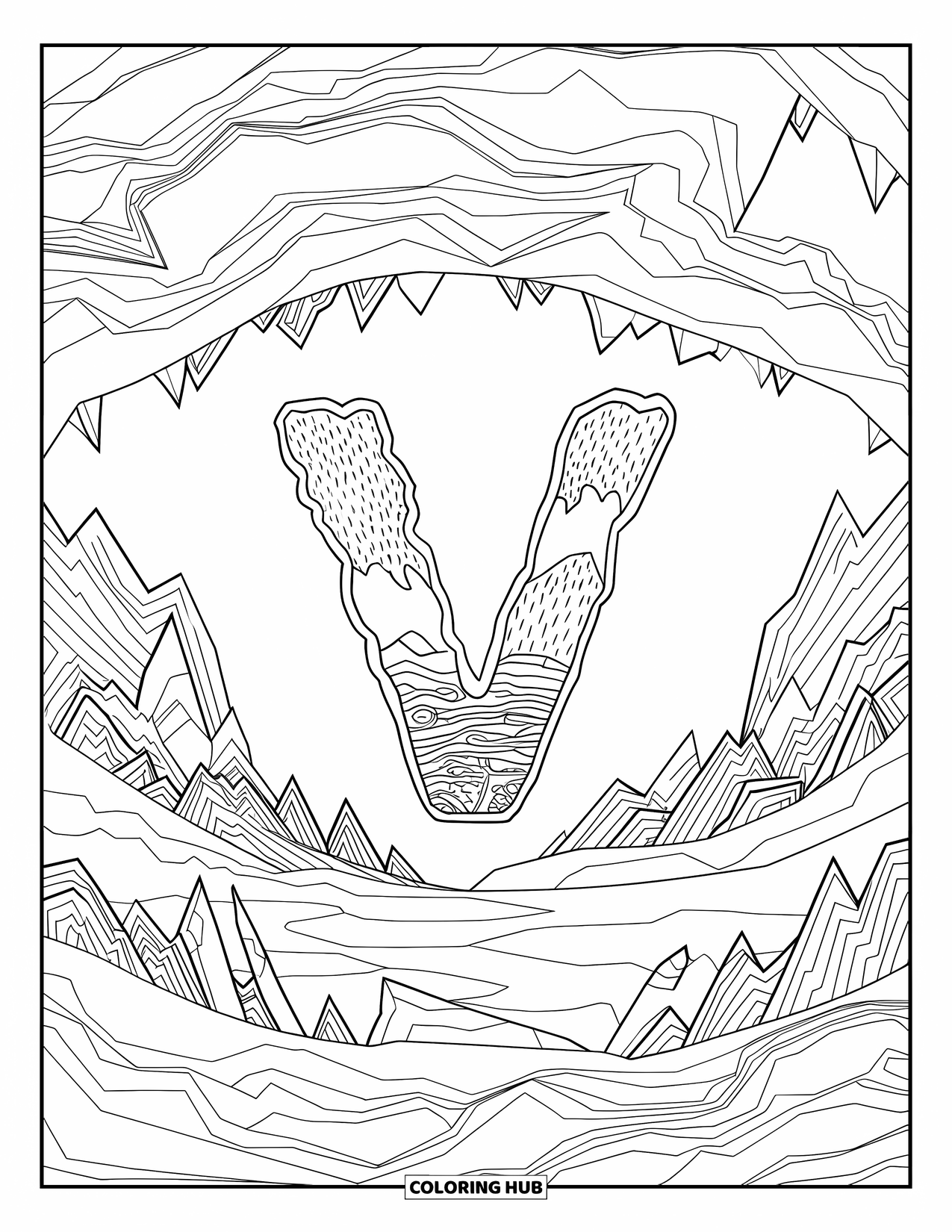 Letter V Coloring Page for Adults: Lava and rocks form a volcanic mandala around the letter V