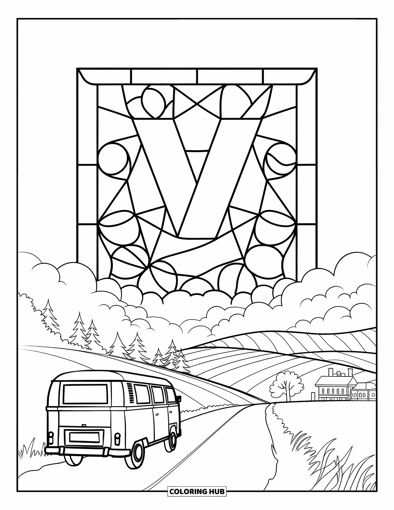 Letter V Coloring Page for Adults: Stained glass window with V, countryside hills, and a small van