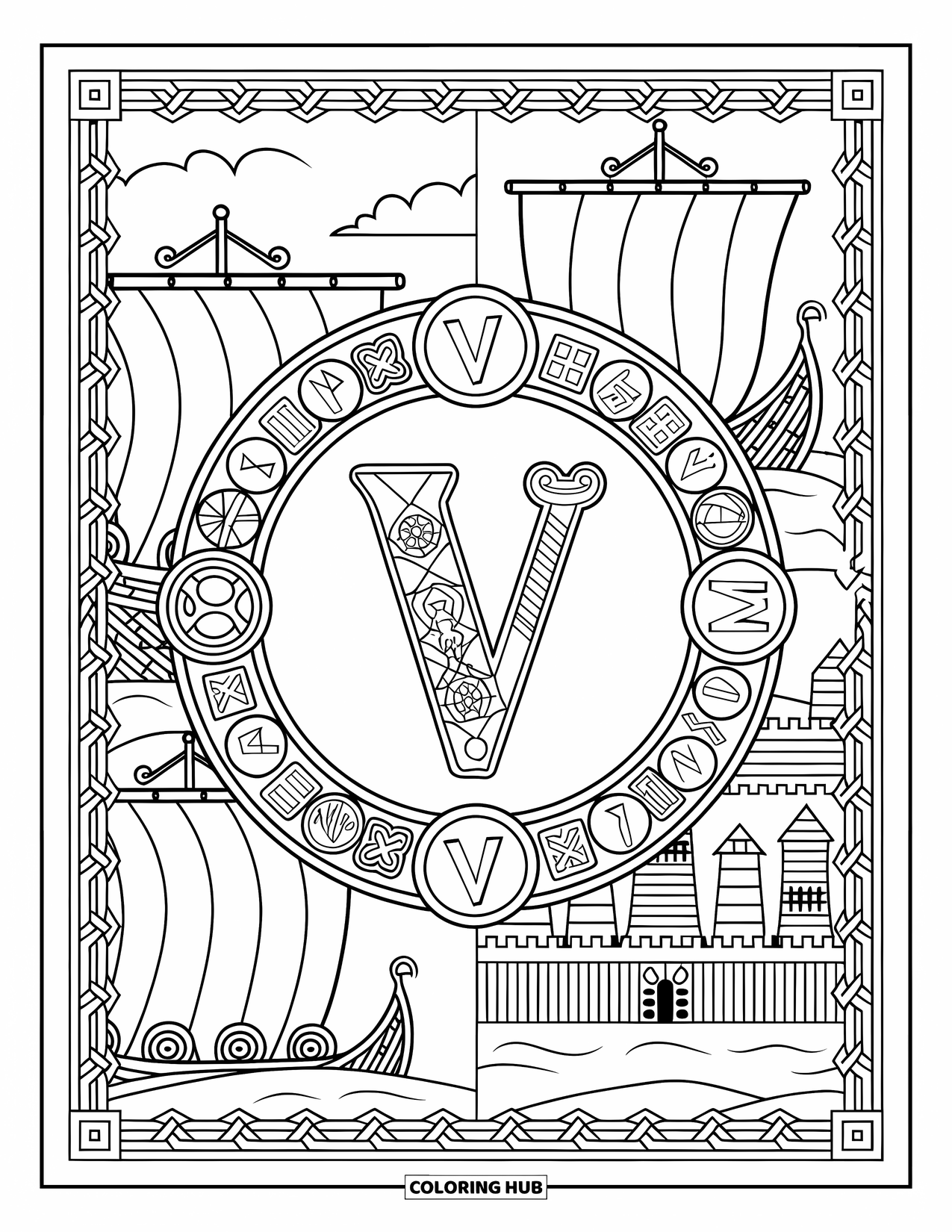 Letter V Coloring Page for Adults: V framed by Viking ships, castle towers, and decorative Norse borders