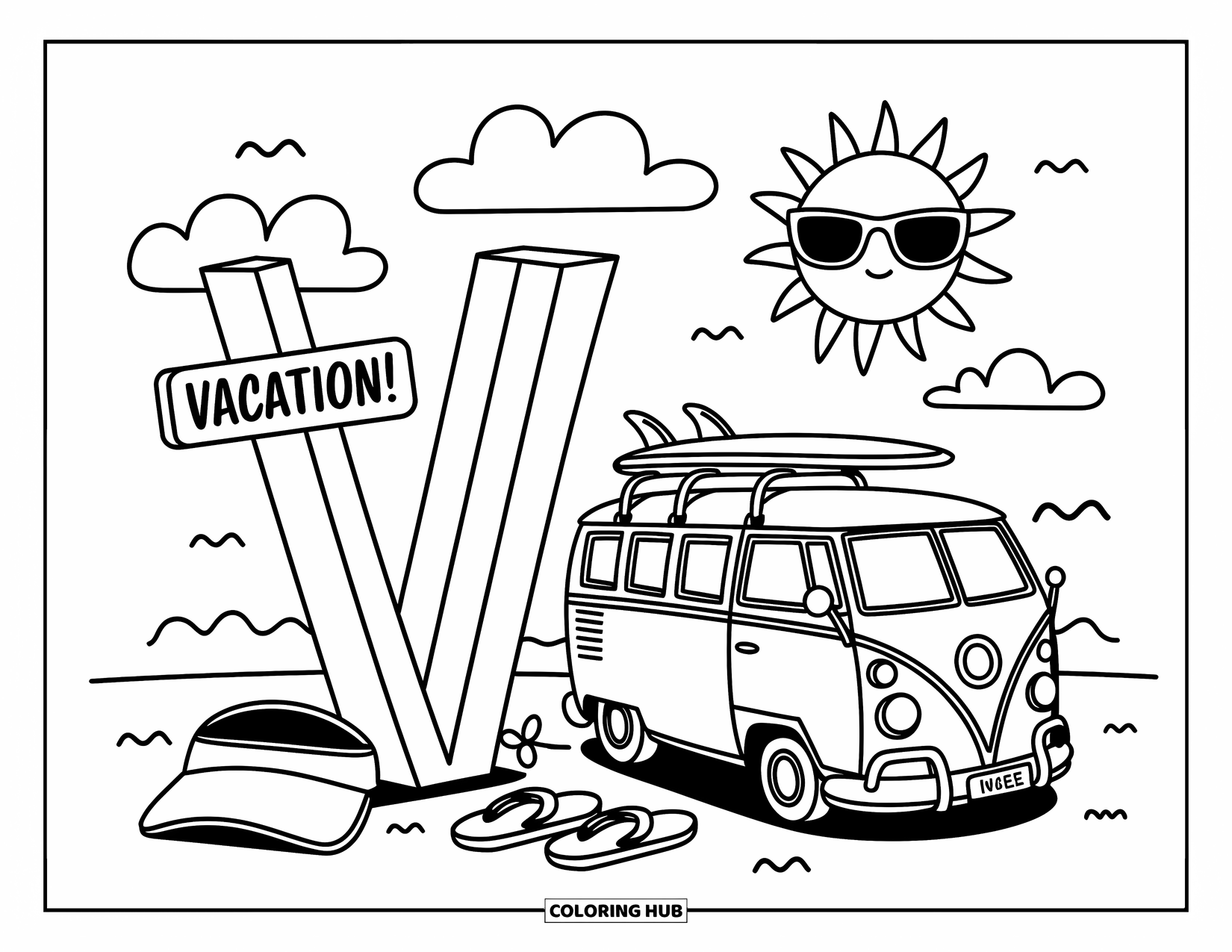 Letter V Coloring Page for Adults: V is a beach signpost labeled "Vacation!" next to a tiny van