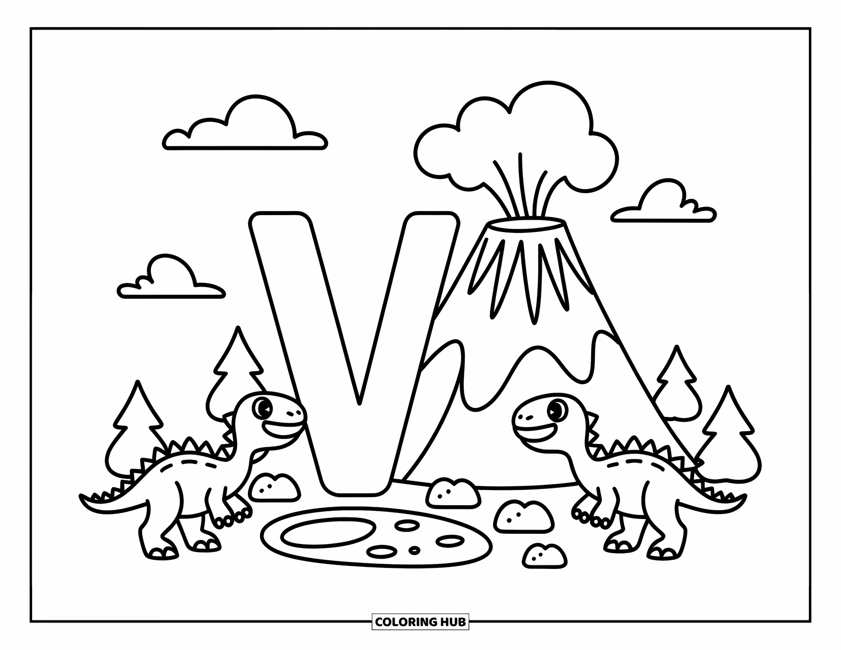 Letter V Coloring Page for Adults: V is beside a volcano while tiny velociraptors tiptoe near lava rocks