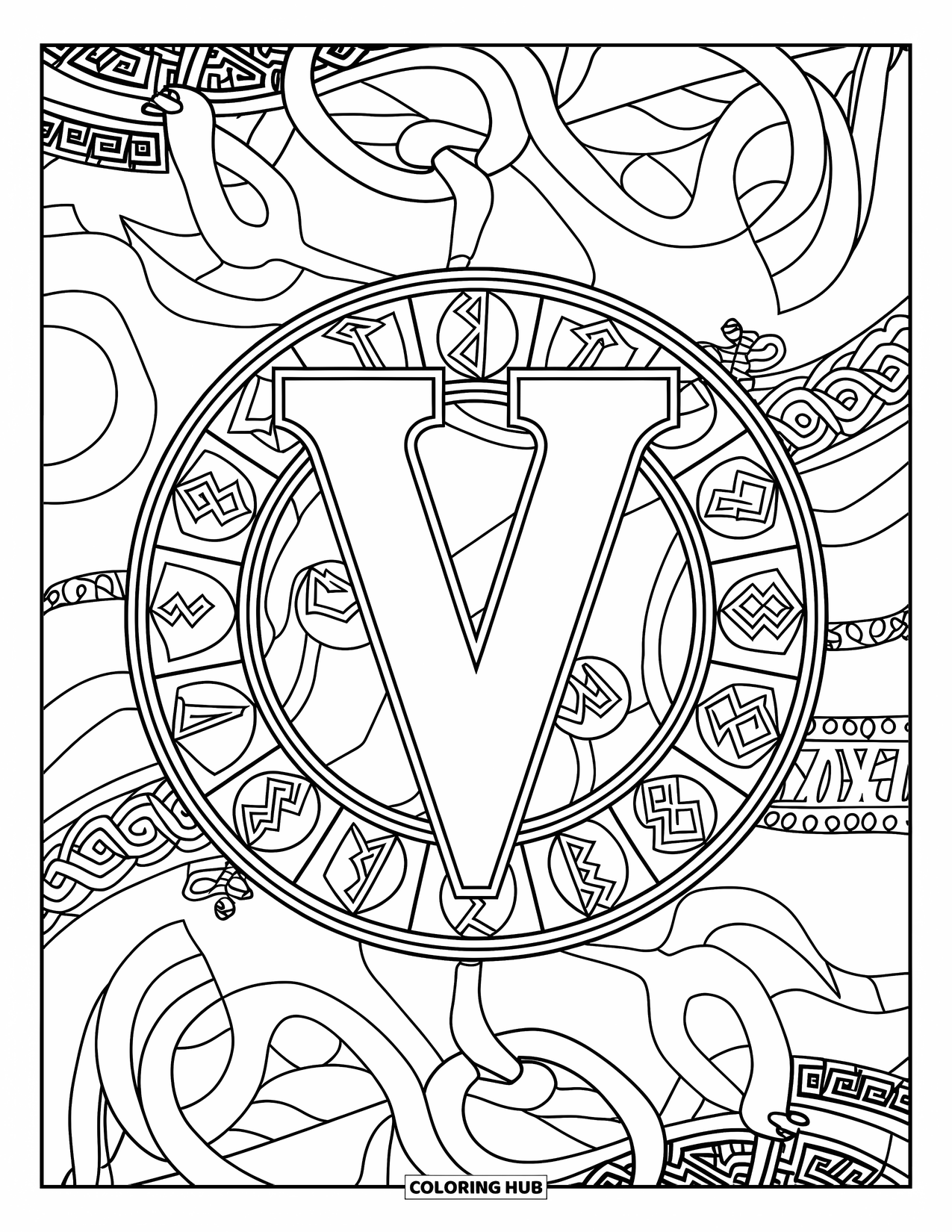 Letter V Coloring Page for Adults: V is encircled by Viking runes, shields, and Norse-inspired patterns