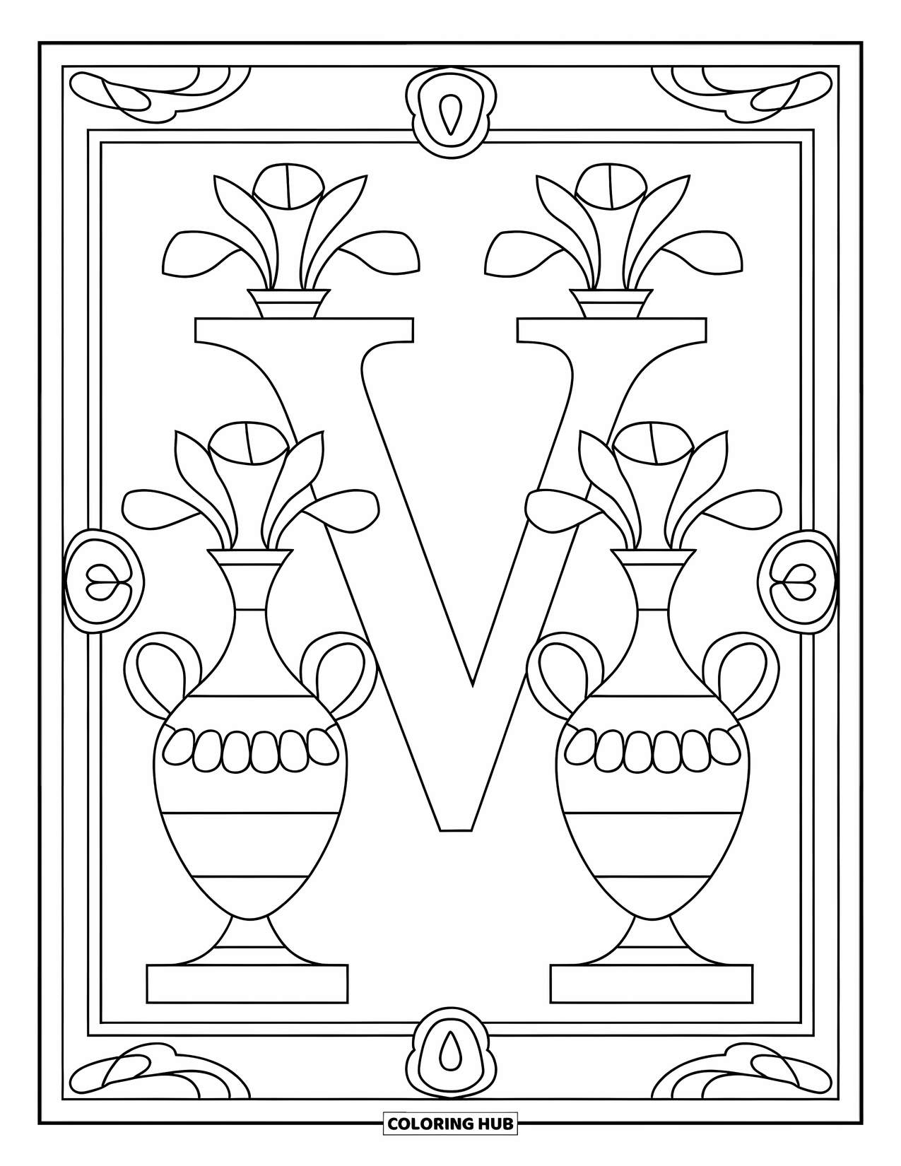 Letter V Coloring Page for Adults: V is framed by vases, abstract flowers, and symmetrical borders