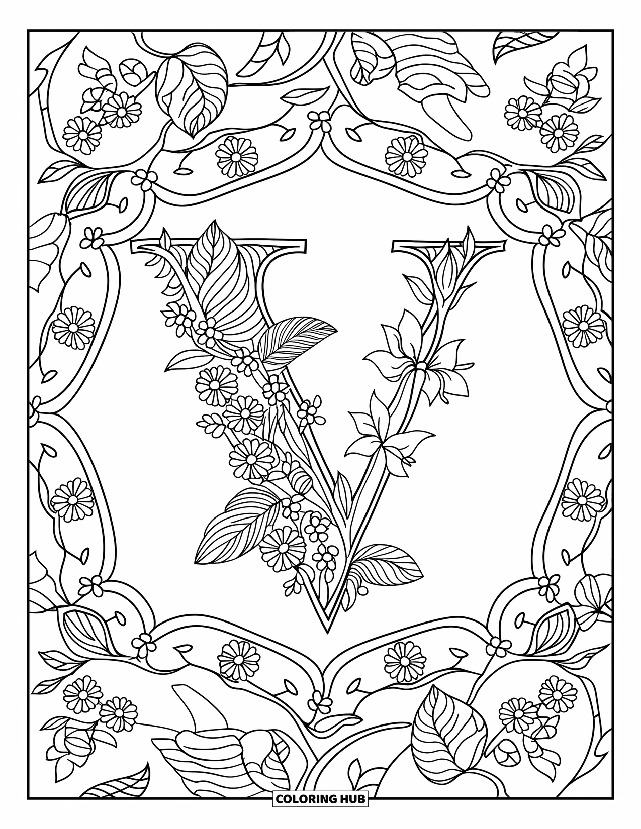Letter V Coloring Page for Adults: V is shaped by violets and vines inside a floral mandala