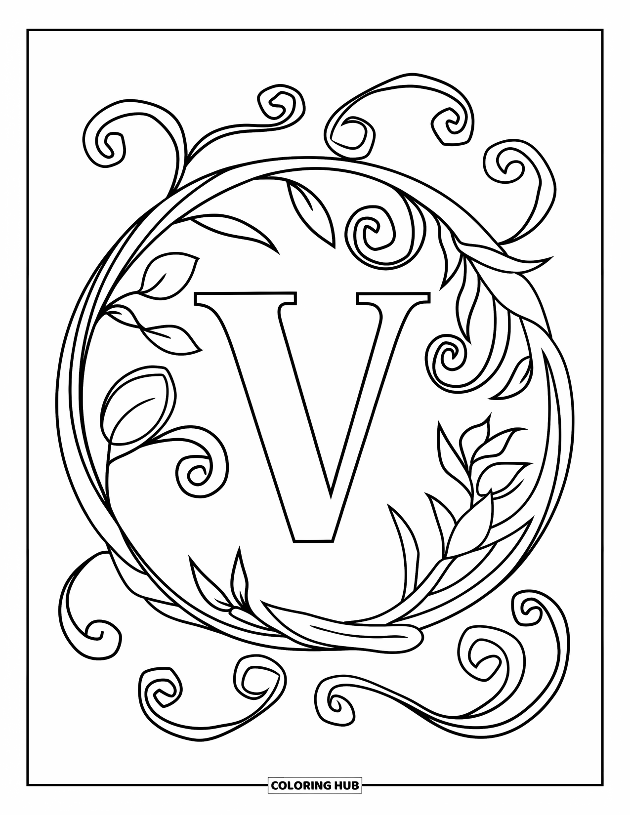 Letter V Coloring Page for Adults: V is surrounded by curling botanical swirls in a mandala layout