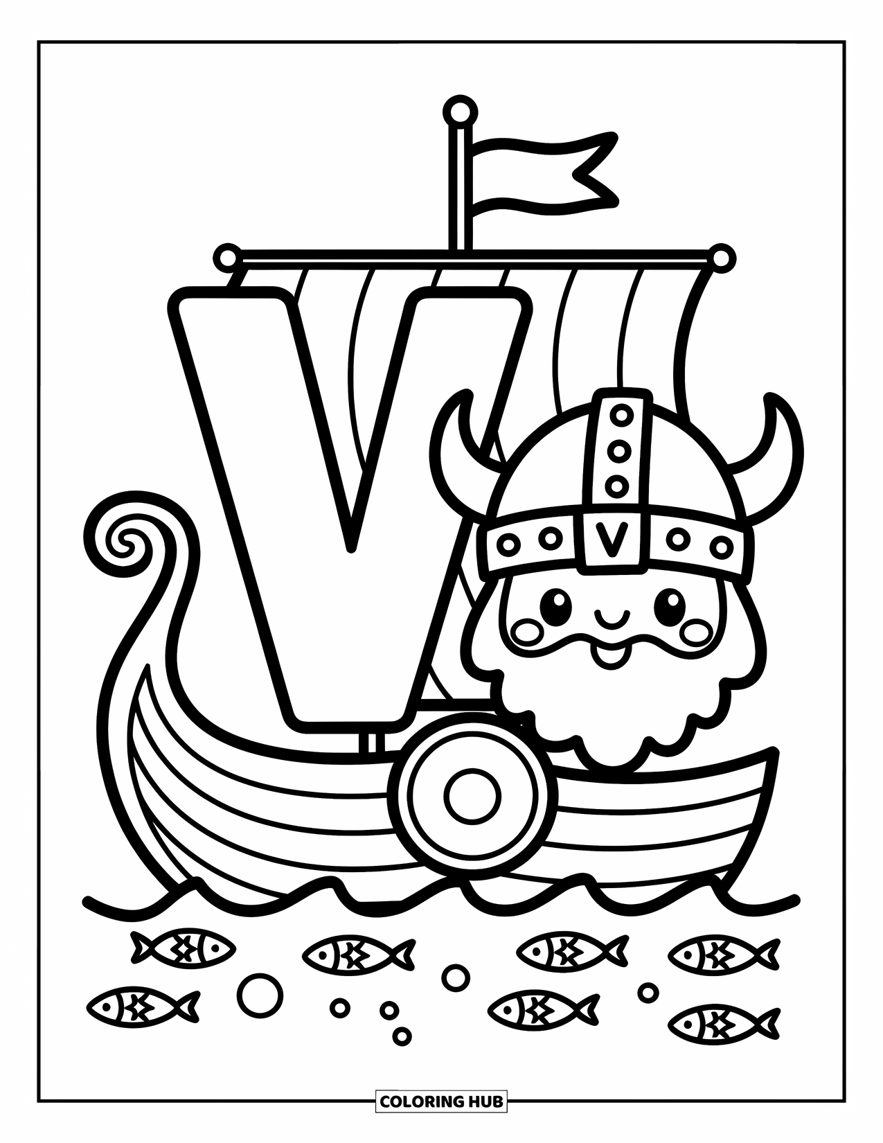 Letter V Coloring Page for Adults: V on a Viking ship with a happy Viking and curious fish