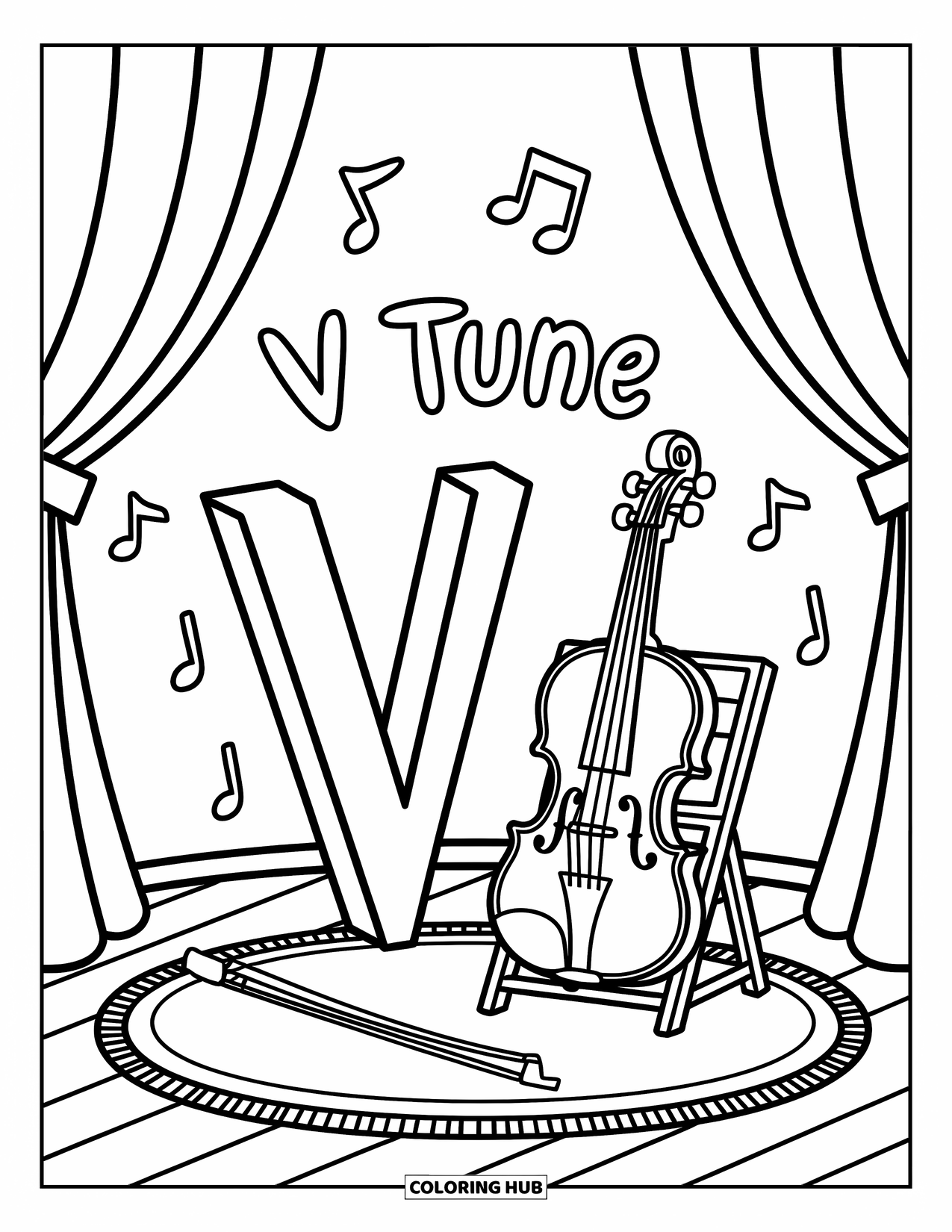 Letter V Coloring Page for Adults: V rests beside a violin with music notes and a soft cozy setup