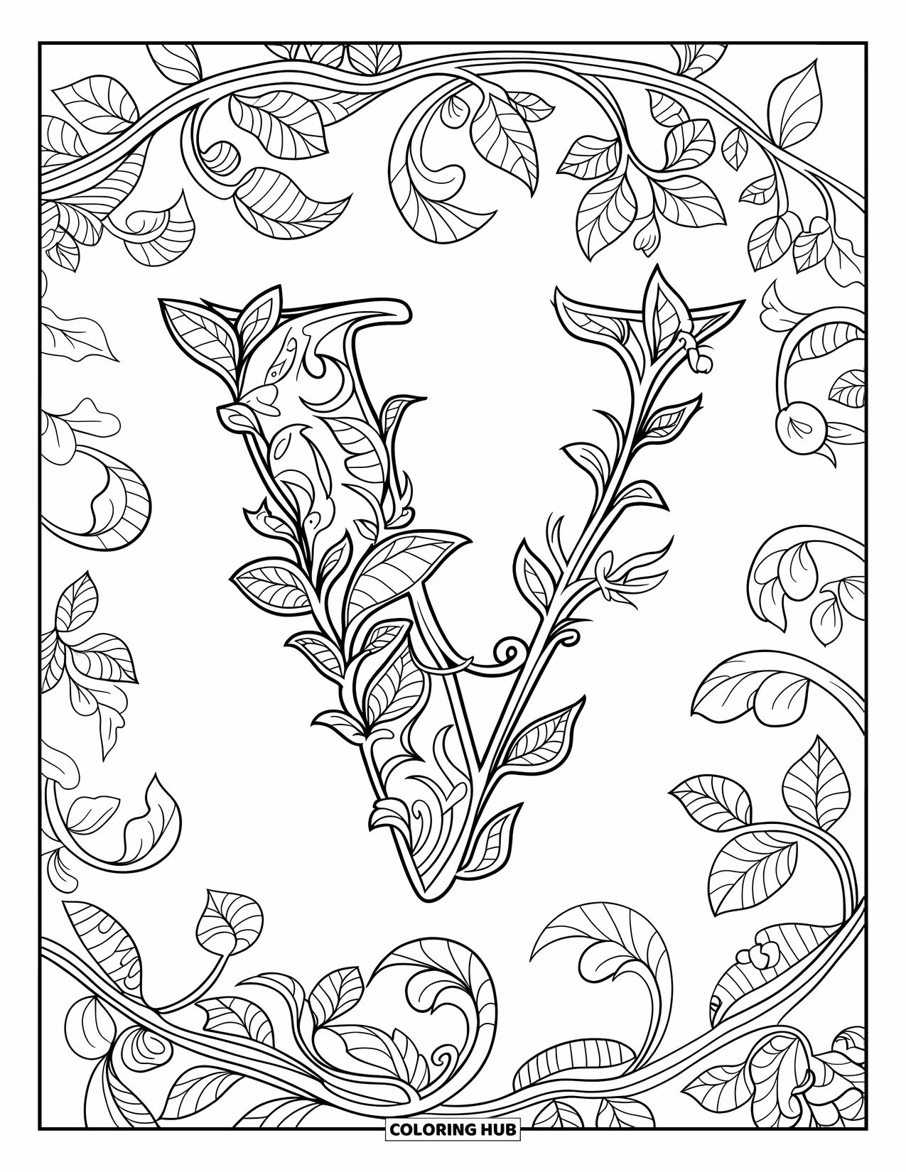 Letter V Coloring Page for Adults: V rests in a mandala of swirling vines and leaves