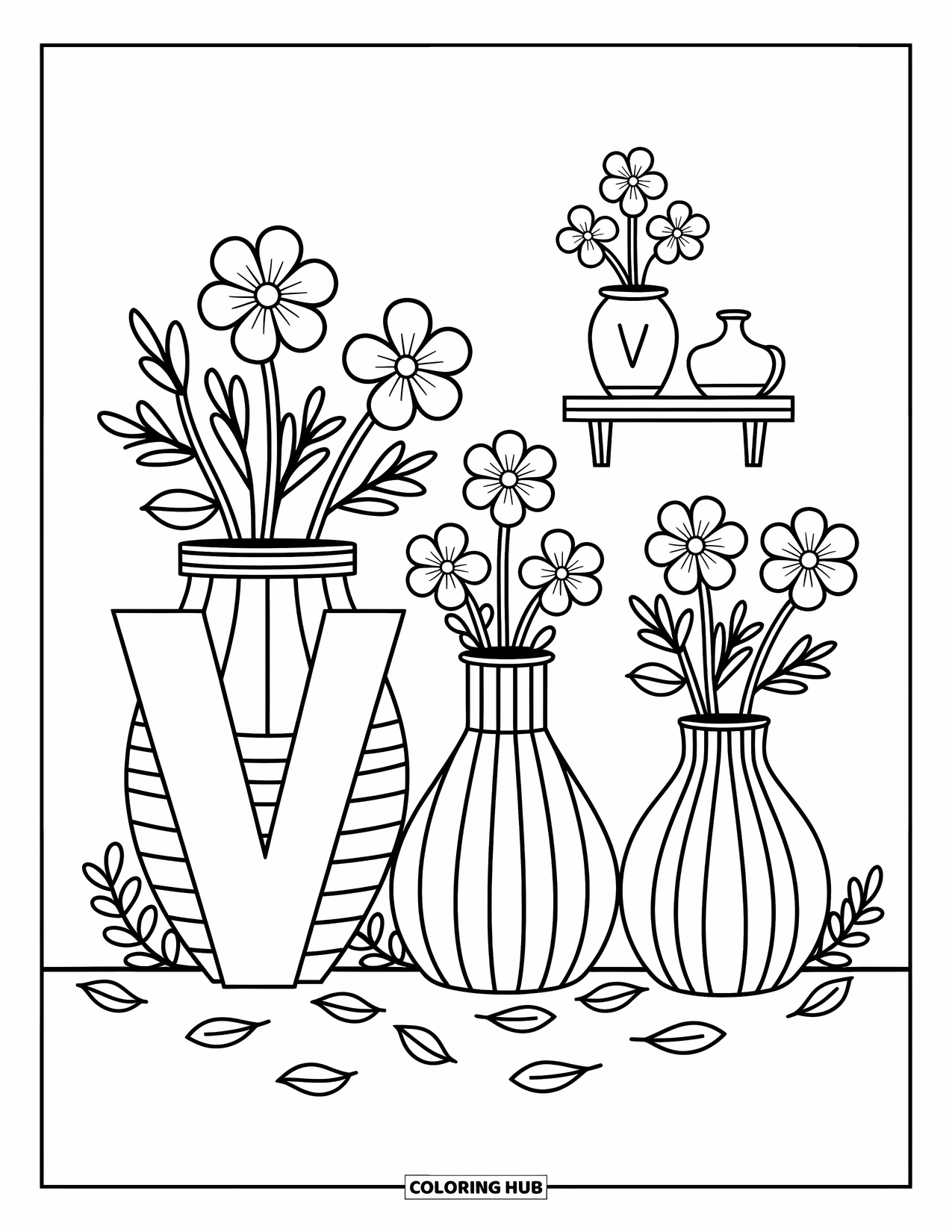 Letter V Coloring Page for Adults: V sits beside vases filled with violets and vinca flowers