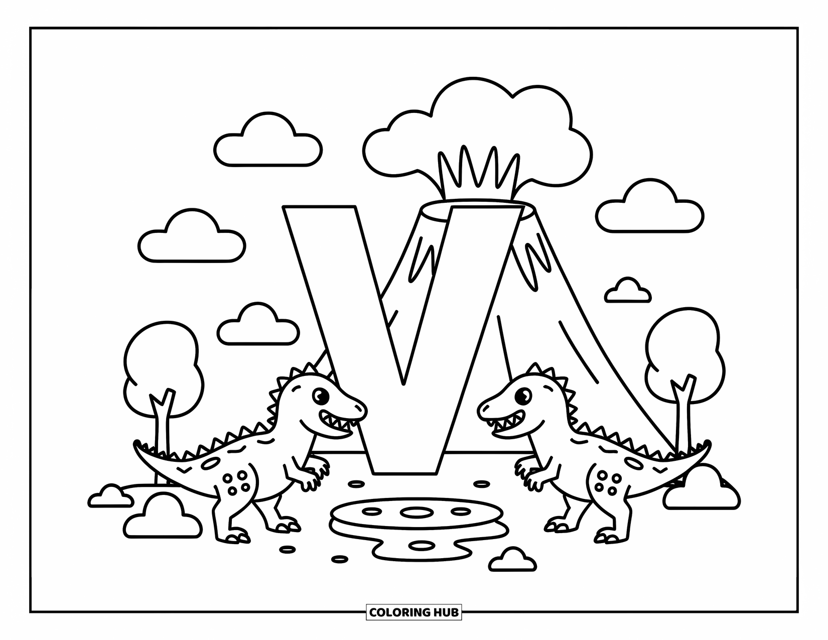 Letter V Coloring Page for Adults: V stands by a volcano with puff clouds and cute little velociraptors nearby
