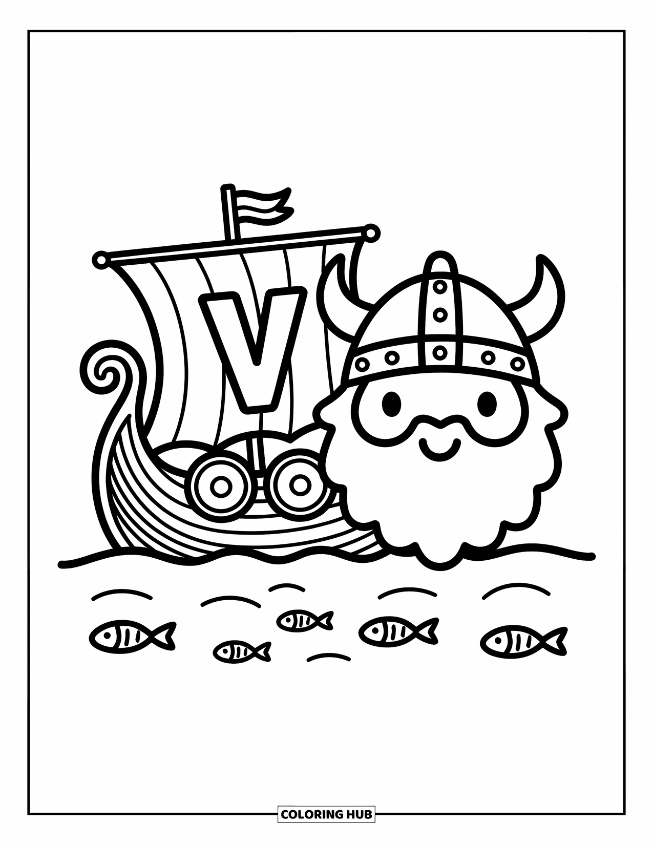 Letter V Coloring Page for Adults: Viking ship with V, a friendly Viking, and fish in the water