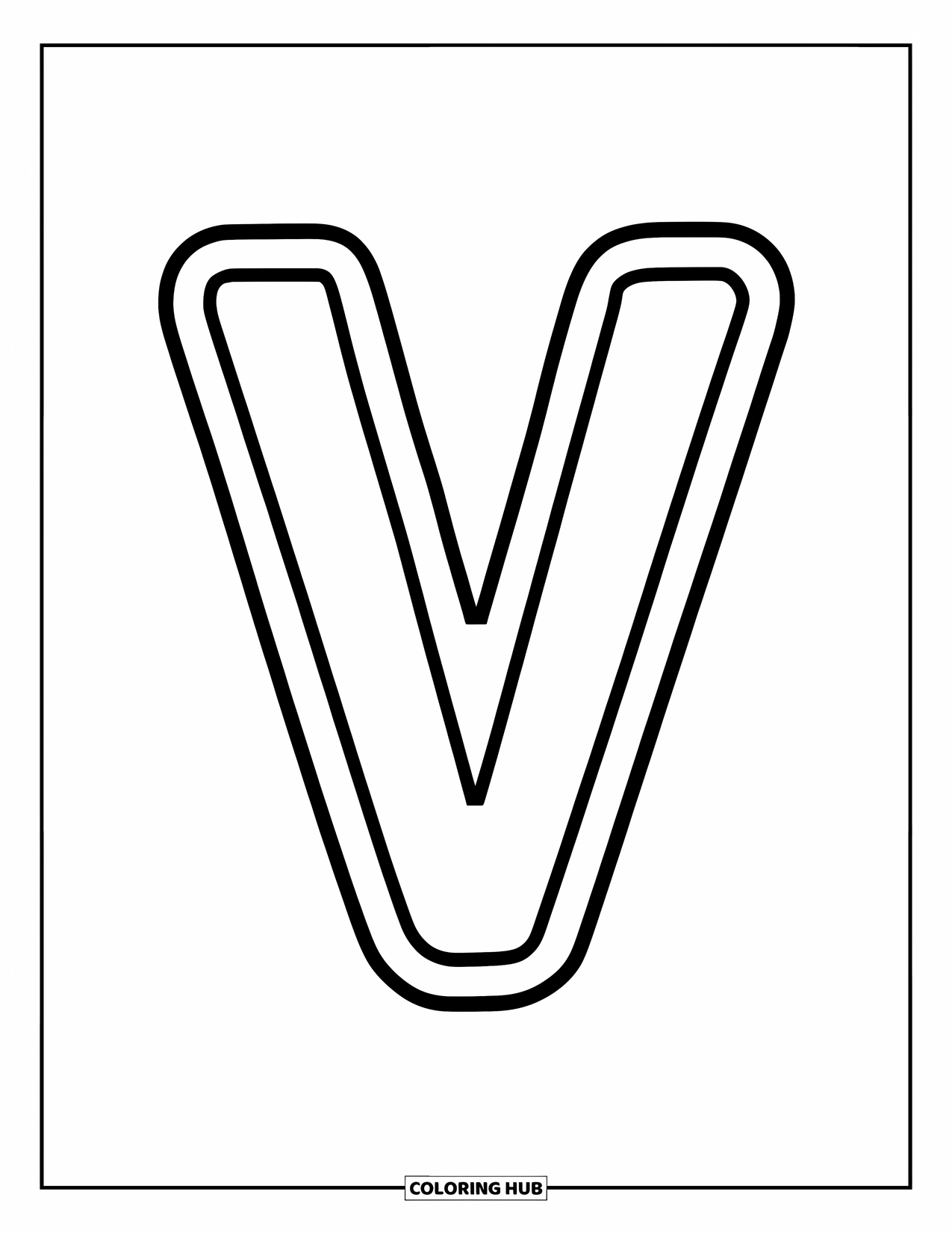 Letter V Coloring Page for Kids: Big uppercase V with thick lines and a playful style