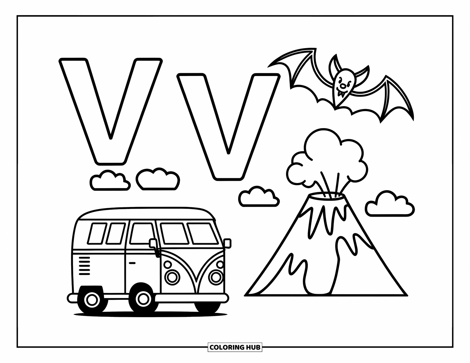 Letter V Coloring Page for Kids: Big V and little v with a van, volcano, and vampire bat