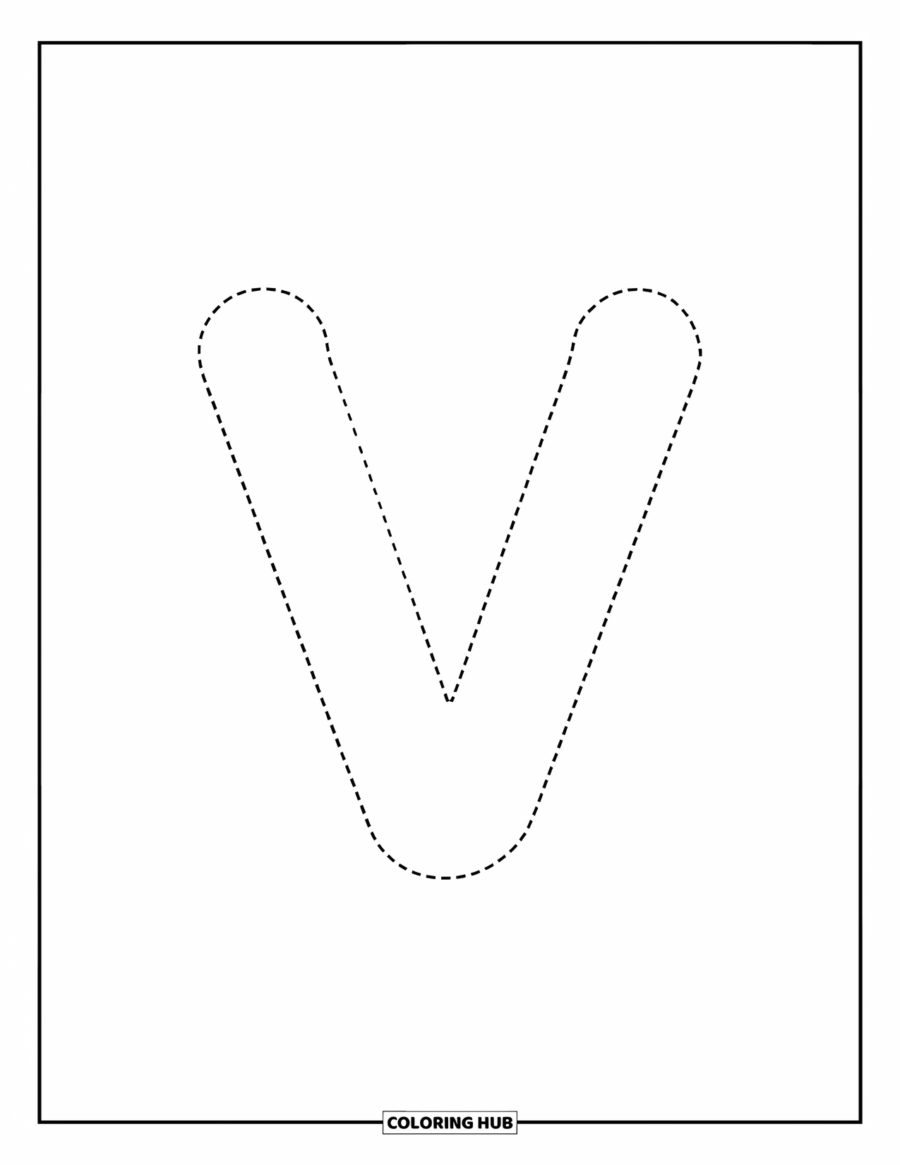 Letter V Coloring Page for Kids: Big V in dotted lines, perfect for preschoolers learning to trace