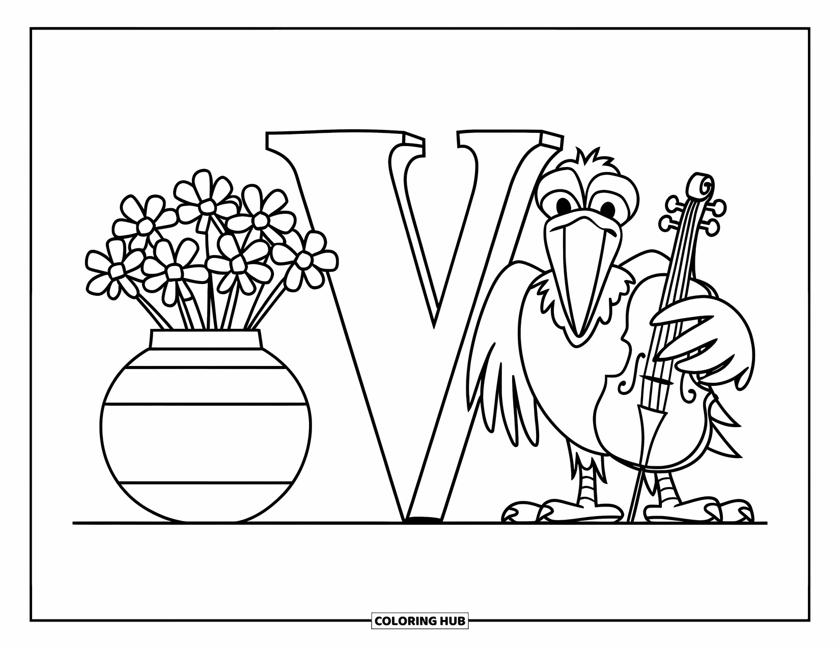Letter V Coloring Page for Kids: Big V with a vase of violets and little v with a violin-holding vulture