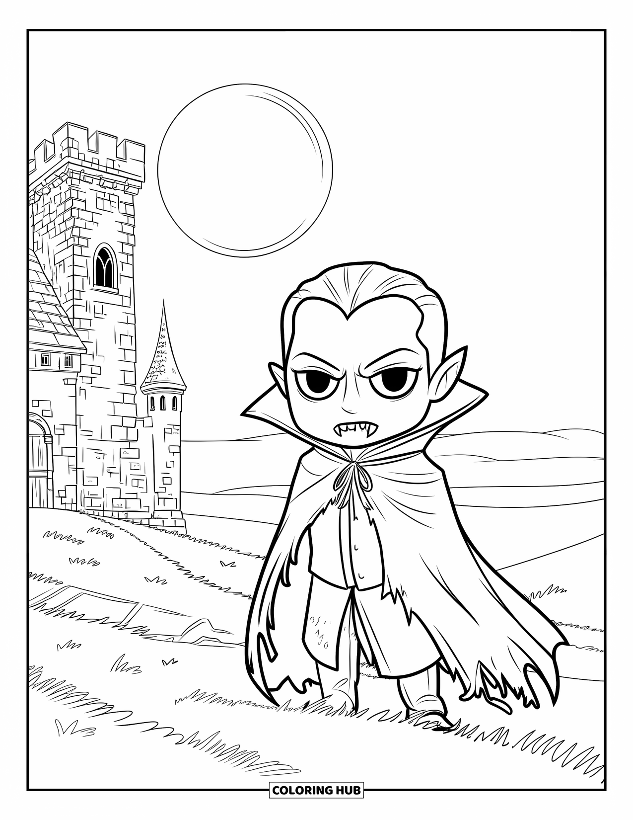 Letter V Coloring Page for Kids: Chibi vampire in a cloak stands near a castle and full moon