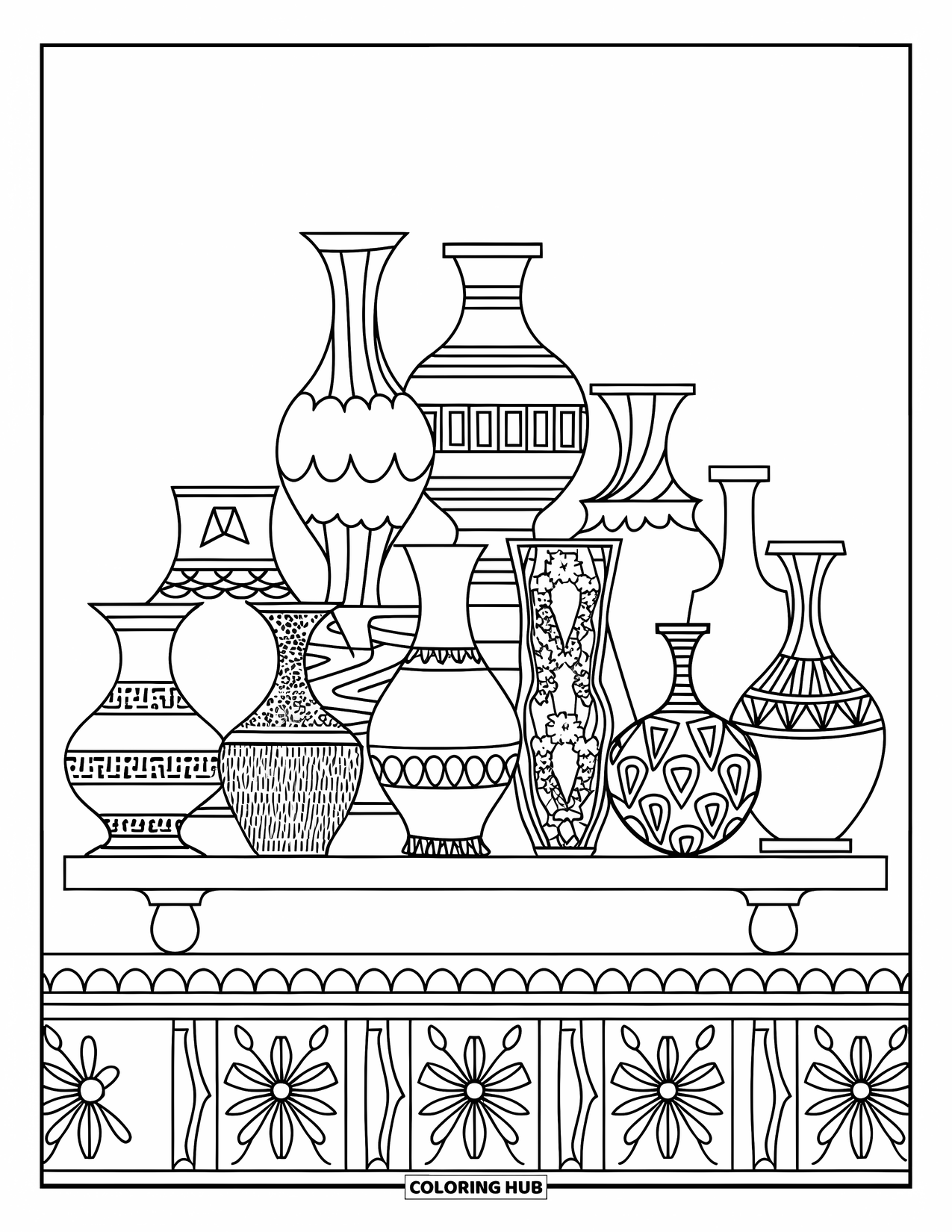 Letter V Coloring Page for Kids: Decorative vase collection arranged on a shelf against a plain wall