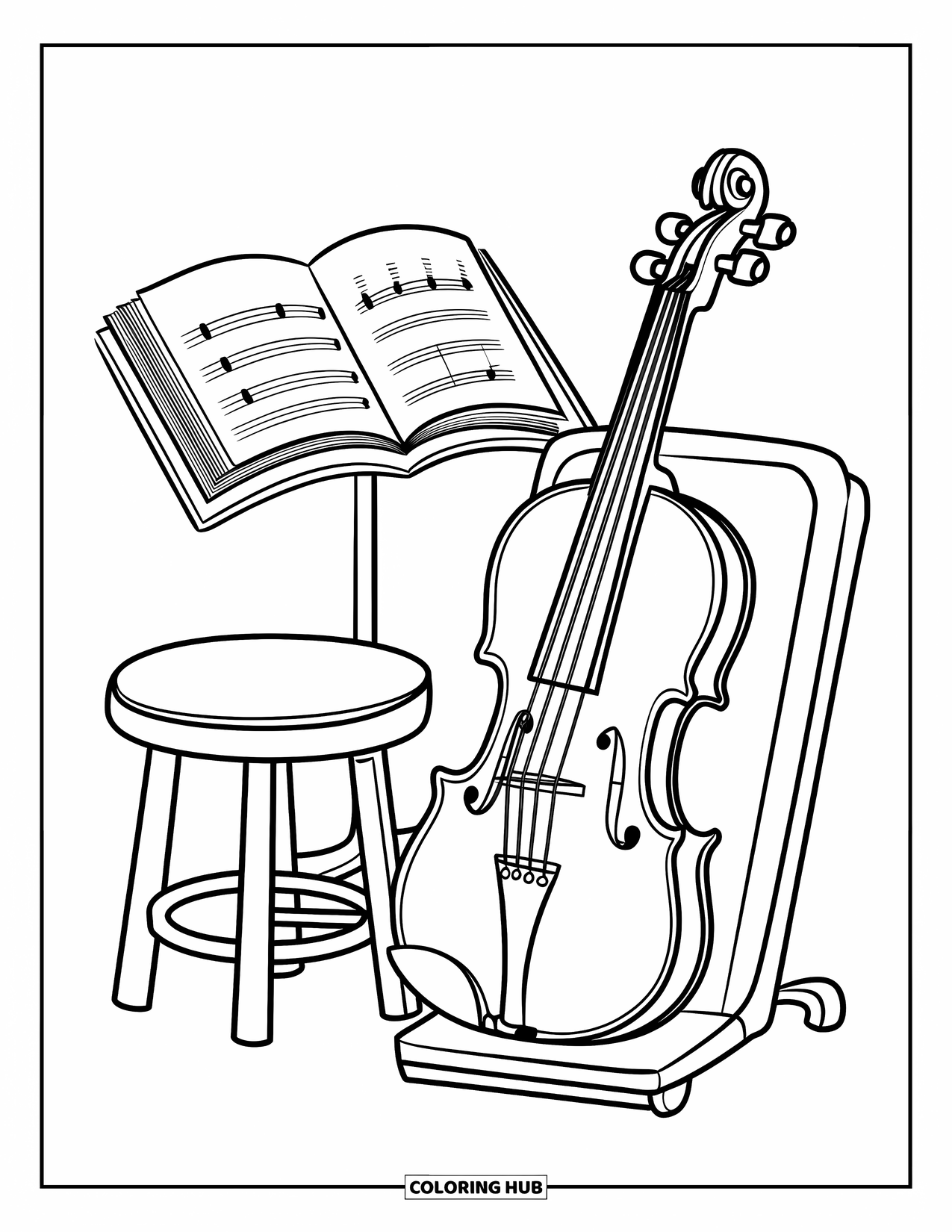 Letter V Coloring Page for Kids: Detailed violin, music book, and stool arranged neatly for practice
