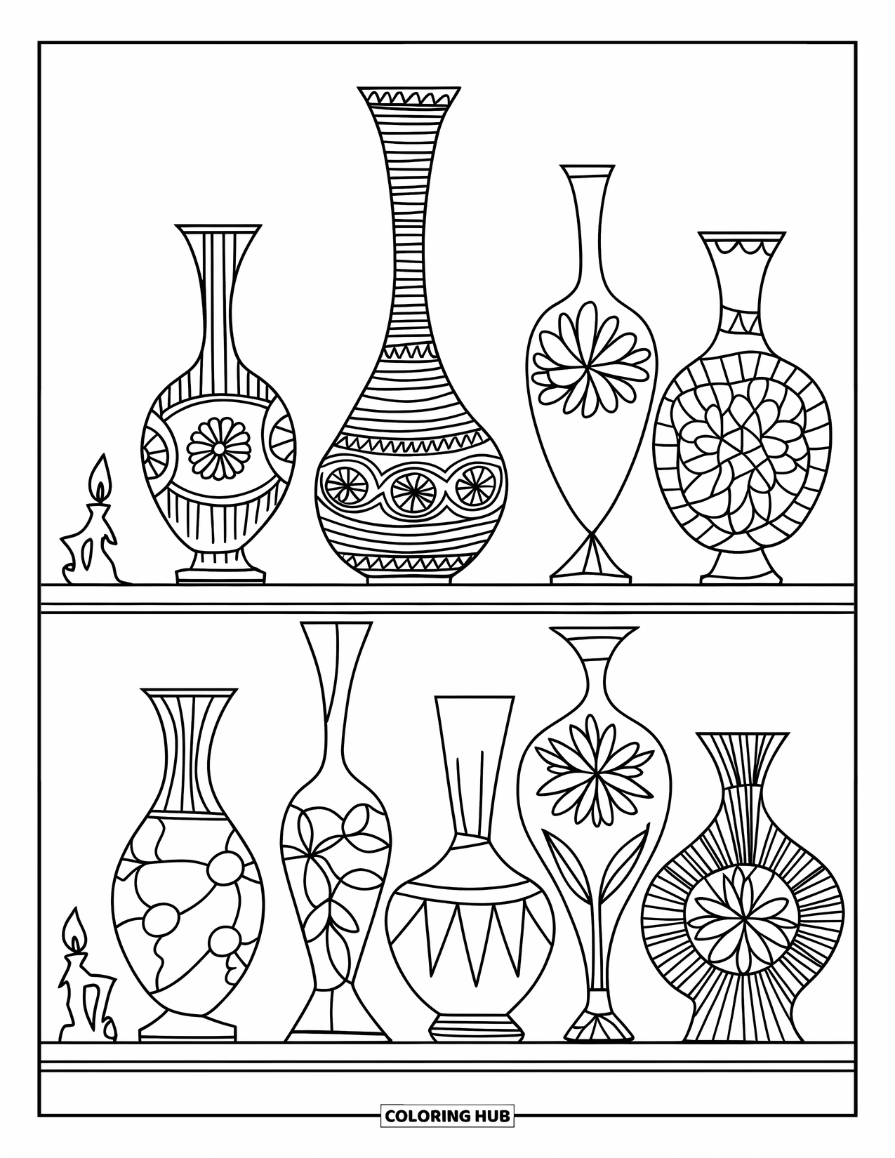 Letter V Coloring Page for Kids: Patterned vases and small decor pieces fill a modern shelf