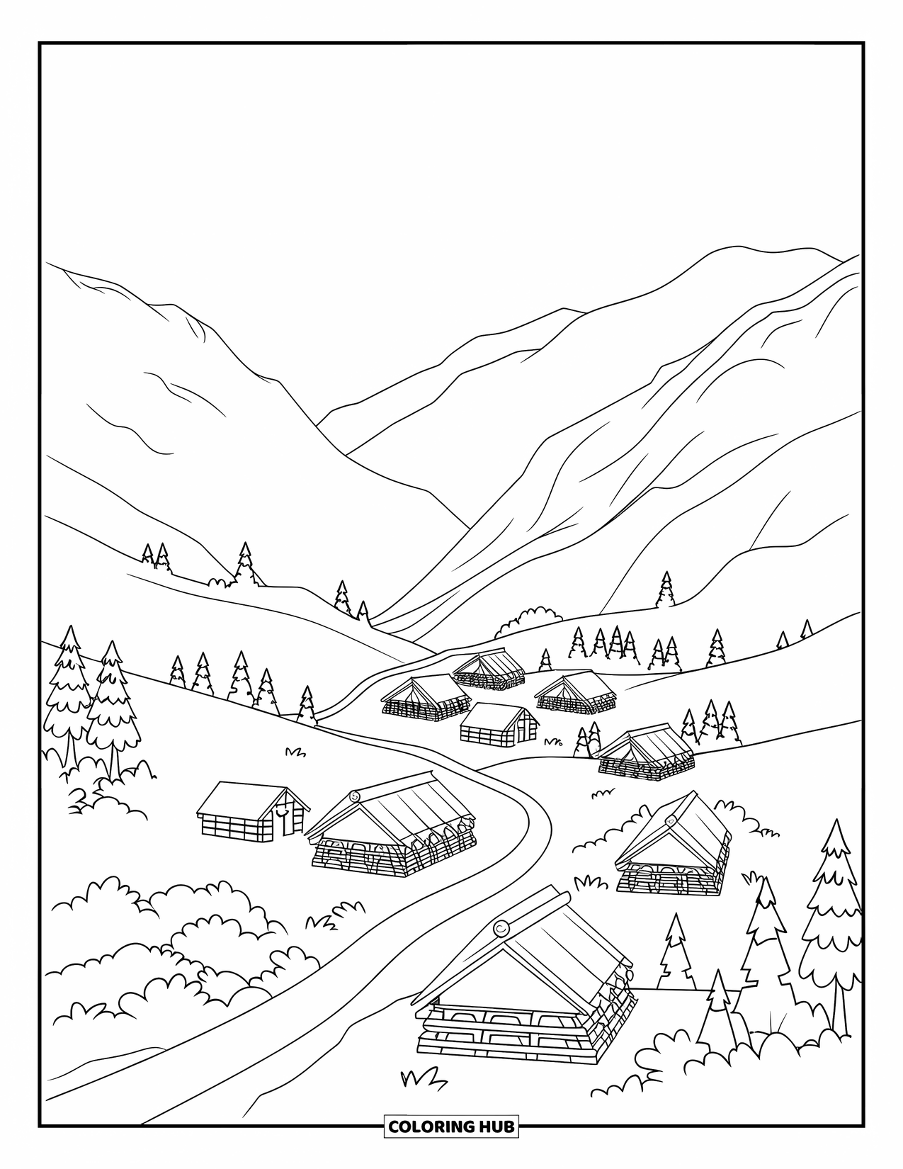 Letter V Coloring Page for Kids: Peaceful village scene nestled in a valley with huts and mountains