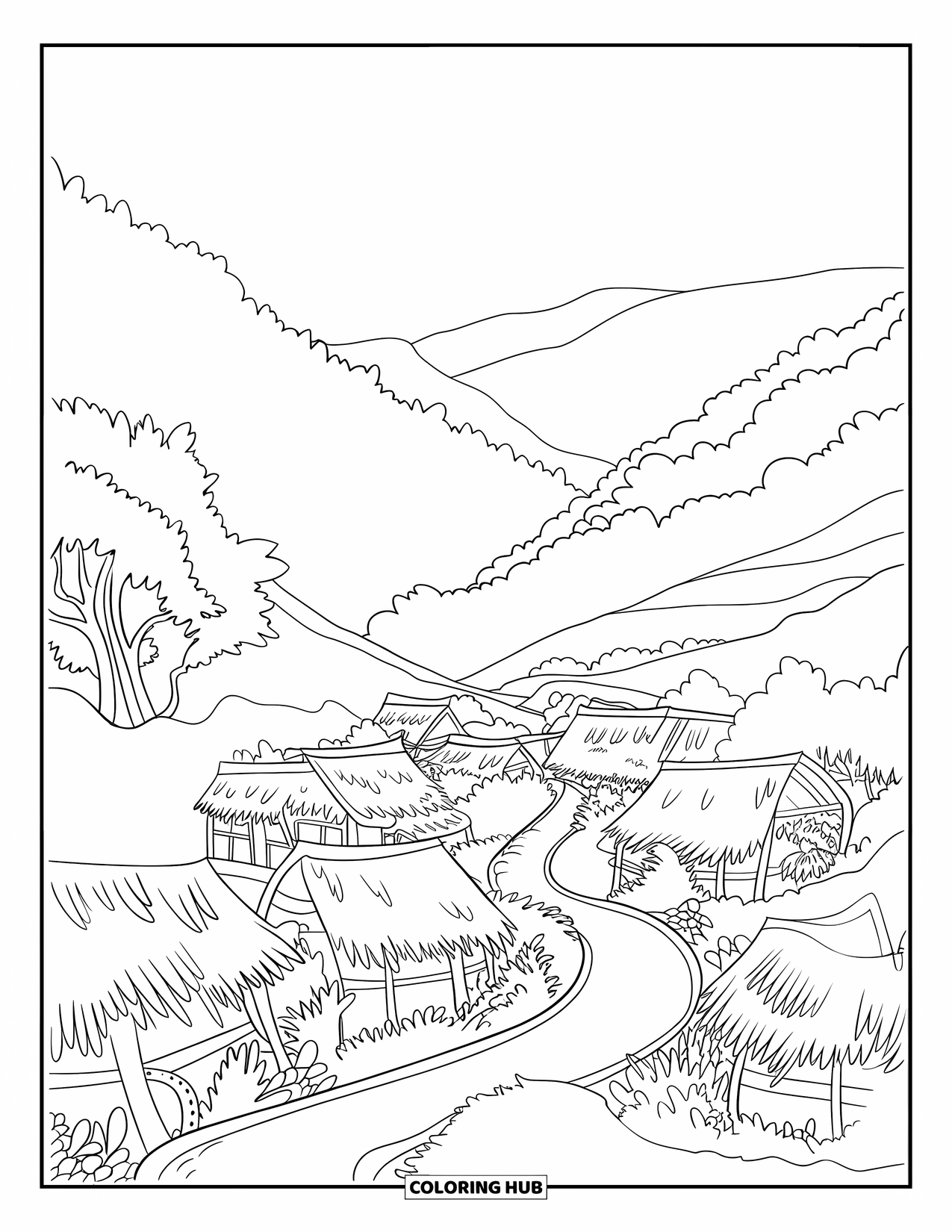 Letter V Coloring Page for Kids: Small village with greenery, thatched roofs, and a winding trail