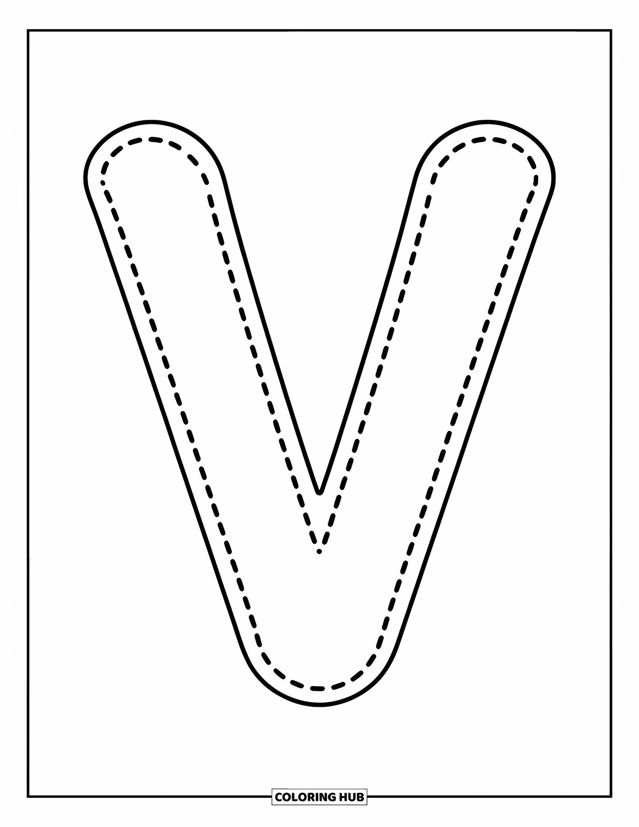 Letter V Coloring Page for Kids: Uppercase V with dotted lines for simple tracing practice
