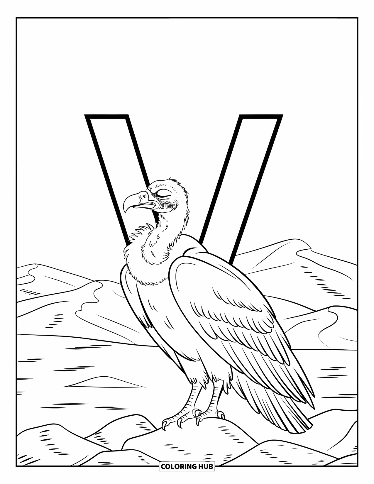 Letter V Coloring Page for Kids: V and a vulture rest on desert rocks with sand dunes around them