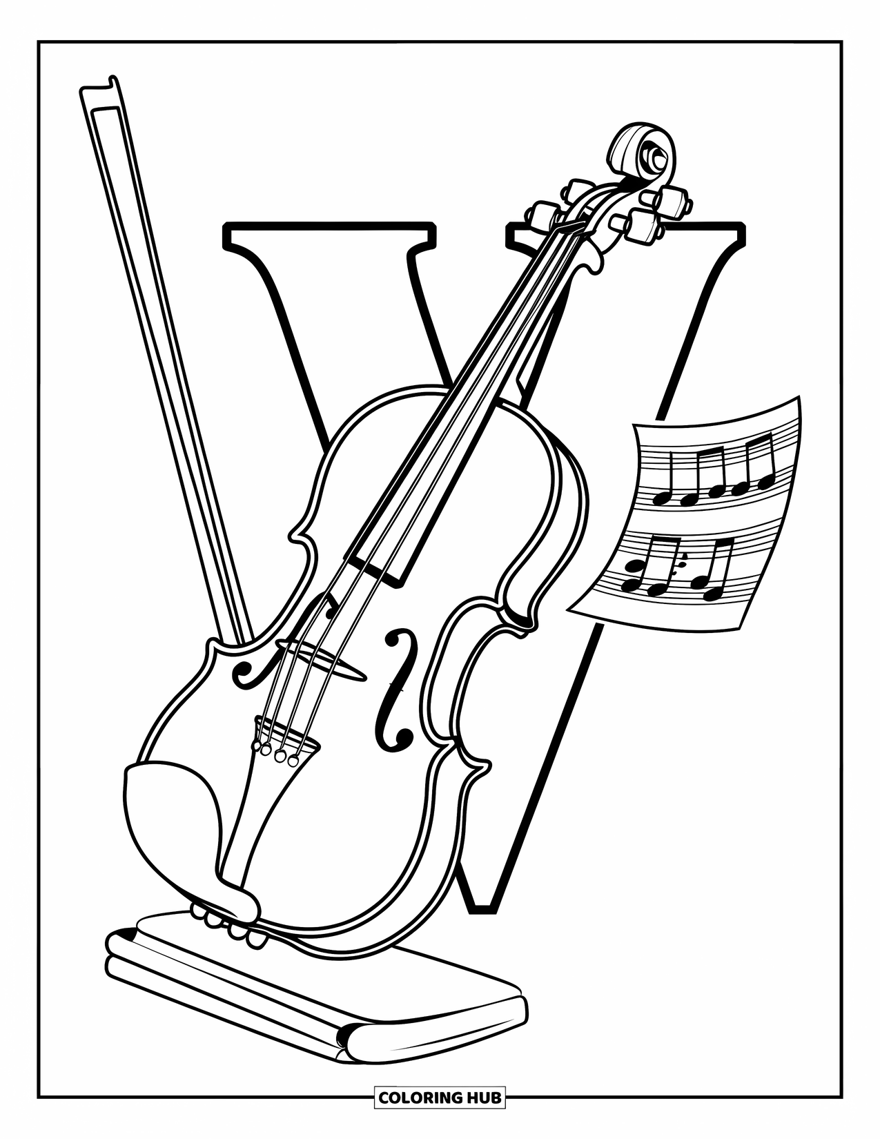 Letter V Coloring Page for Kids: V behind a violin, bow, and floating music sheet on a stand