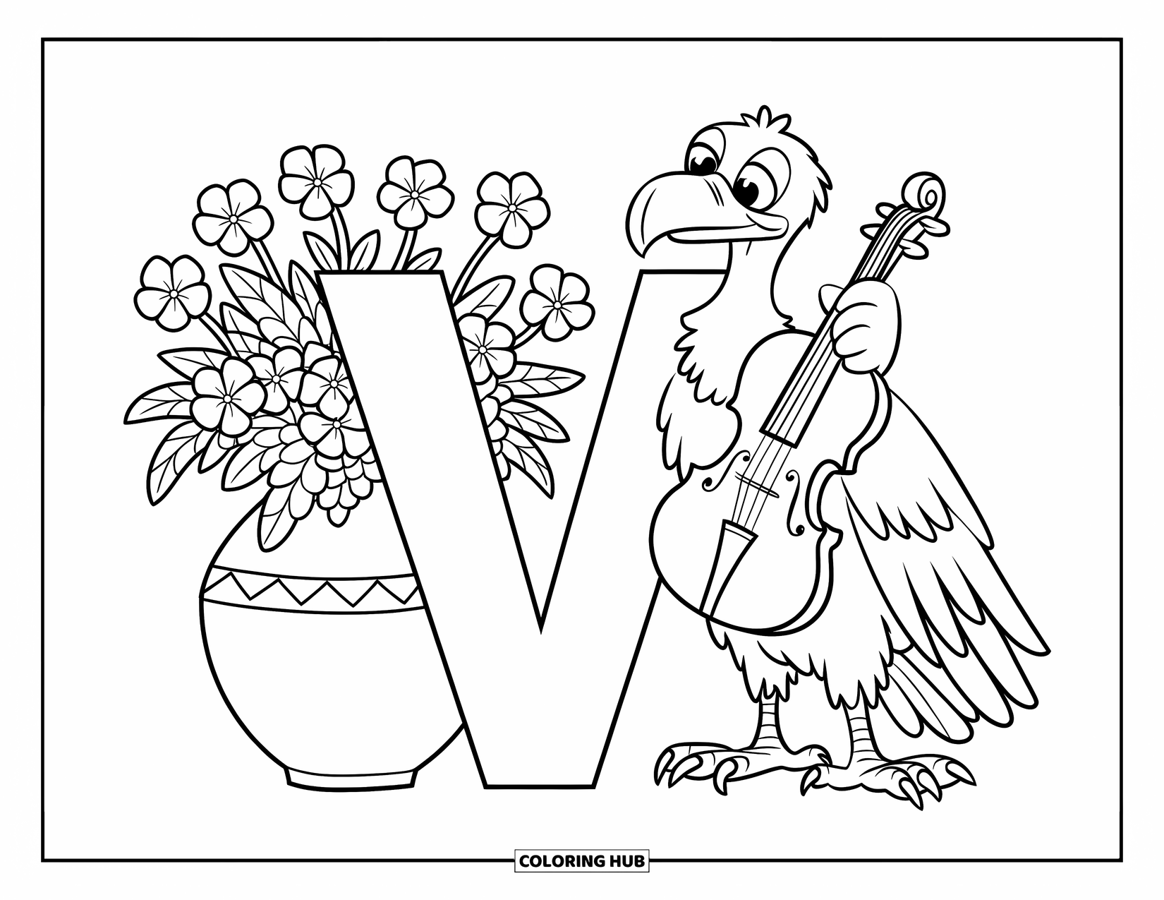 Letter V Coloring Page for Kids: V beside a vase of violets and v with a vulture holding a violin