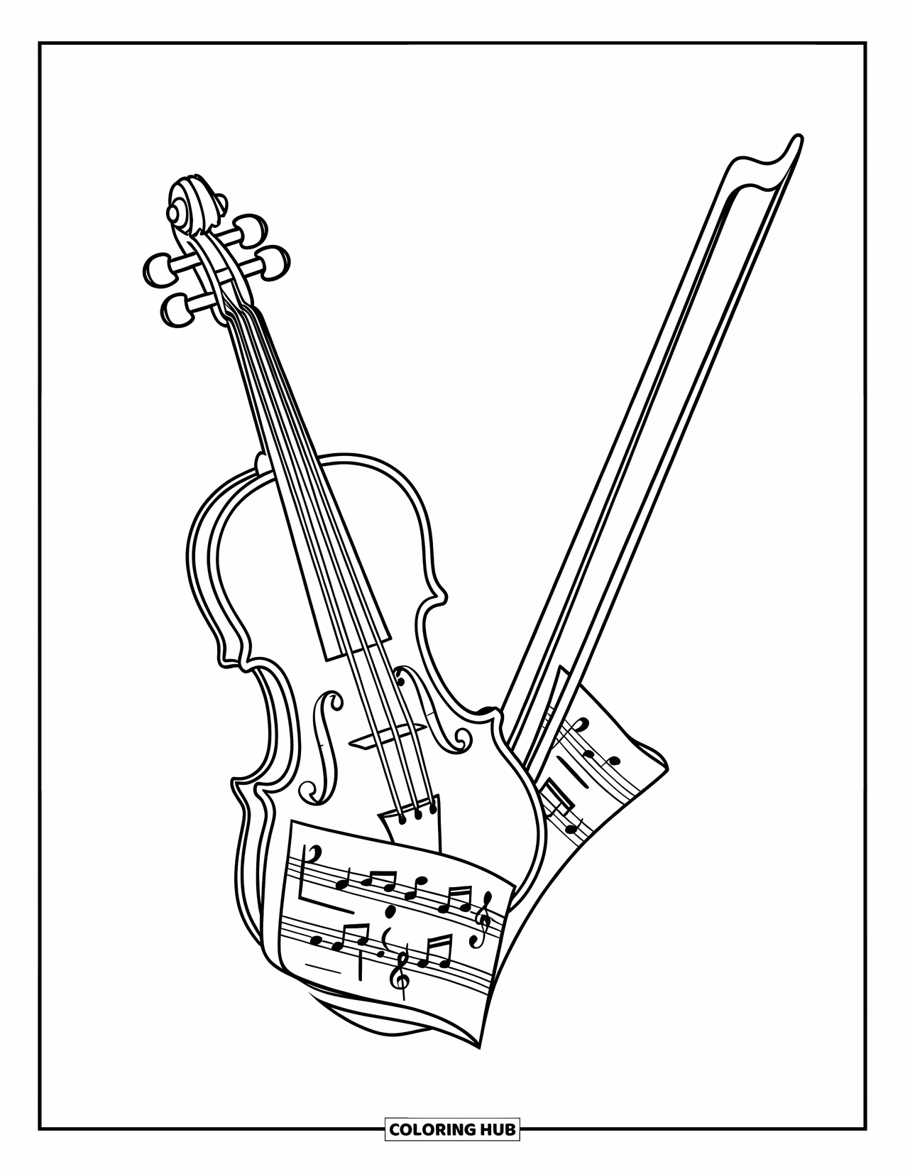 Letter V Coloring Page for Kids: V formed from a violin, bow, and floating music sheet