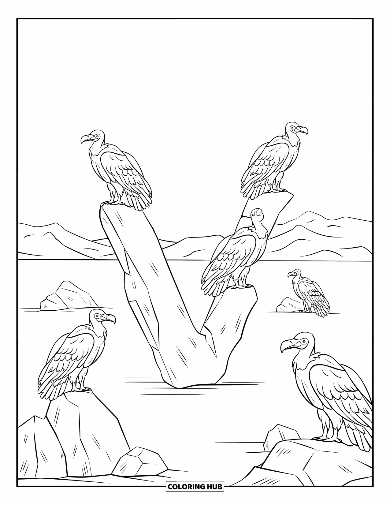 Letter V Coloring Page for Kids: V is surrounded by vultures on rocks in a wide desert