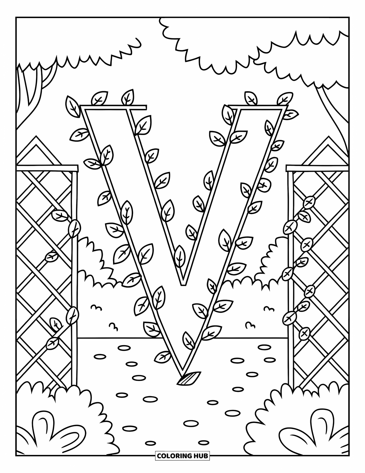 Letter V Coloring Page for Kids: V made of vines on trellises with garden trees, leaves, and flowers