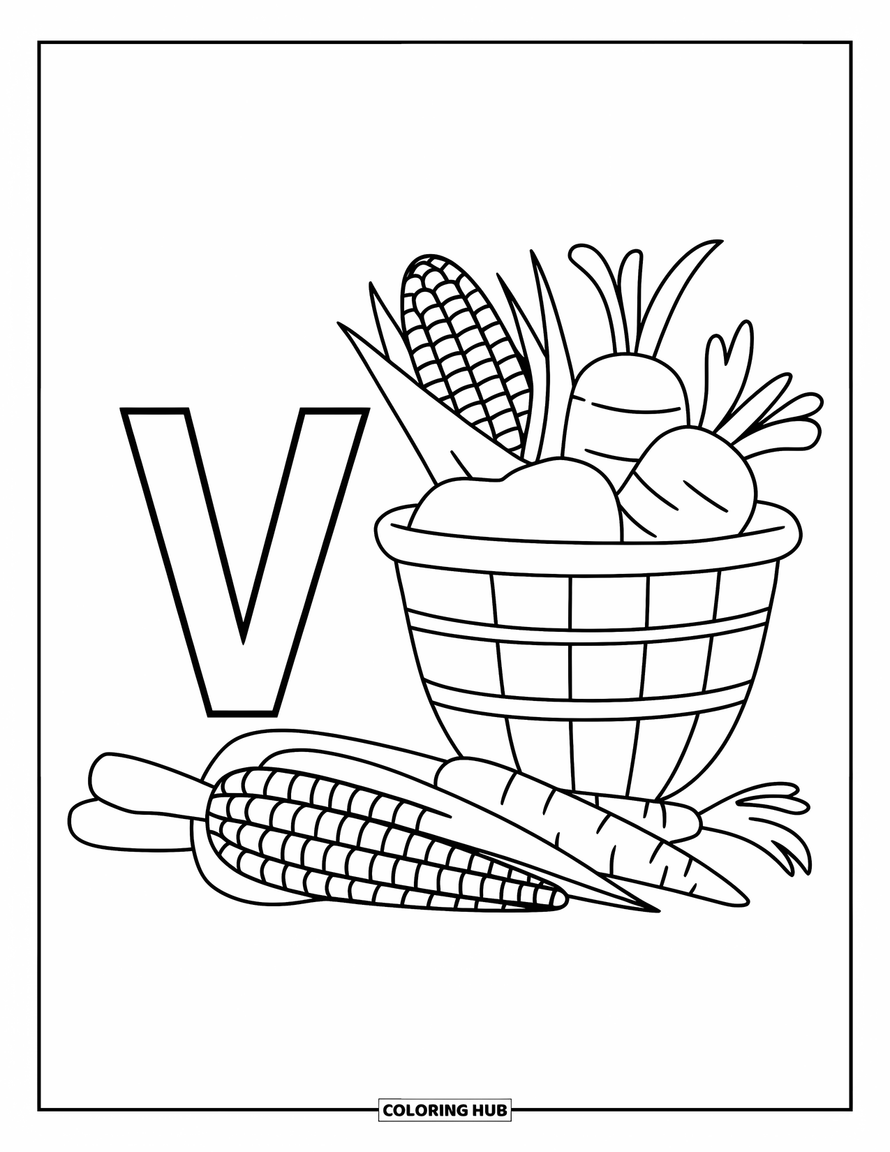 Letter V Coloring Page for Kids: V next to a basket full of corn, peas, and carrots
