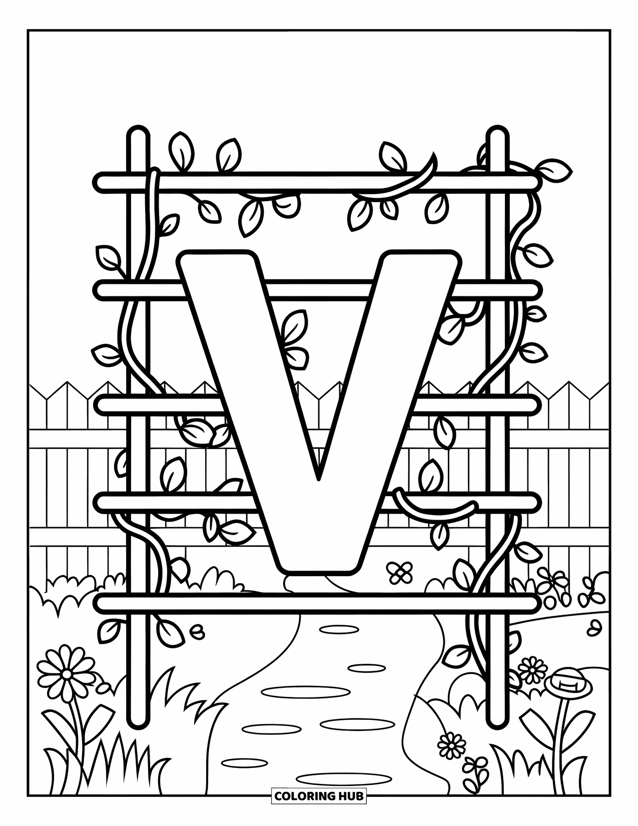 Letter V Coloring Page for Kids: V-shaped trellis stands in a garden with vines, flowers, and a fence