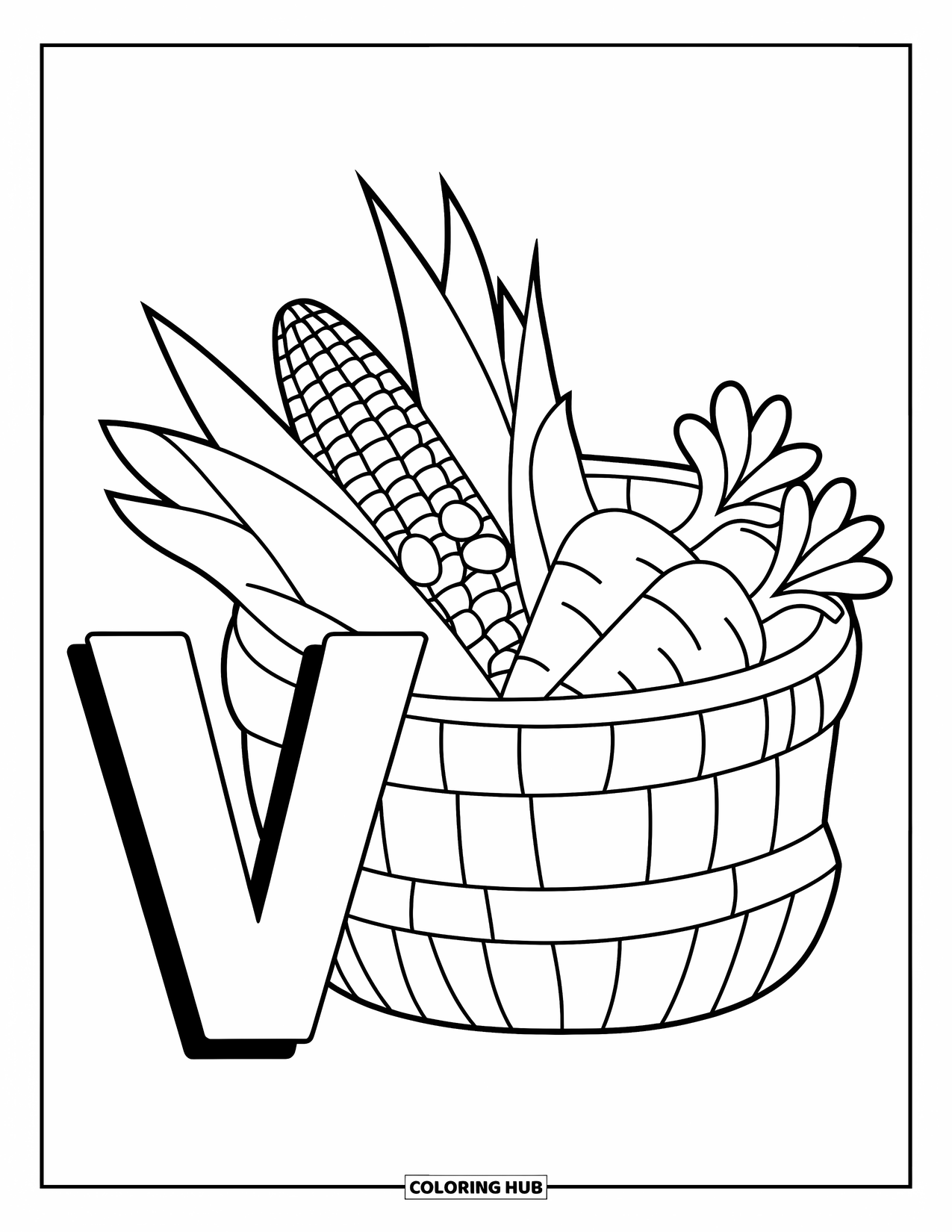 Letter V Coloring Page for Kids: V stands beside a vegetable basket with corn, peas, and carrots