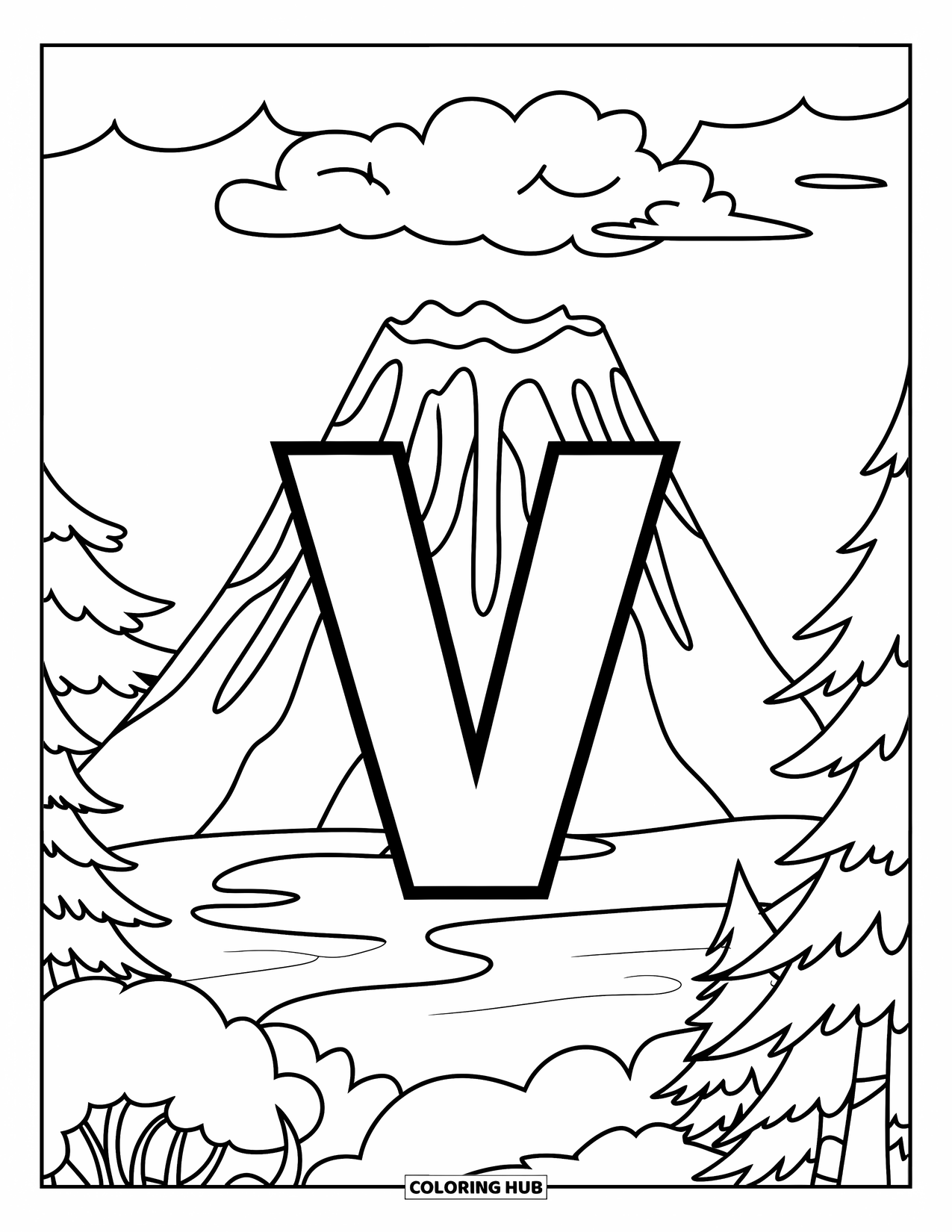 Letter V Coloring Page for Kids: V stands beside a volcano with lava flowing and nearby trees