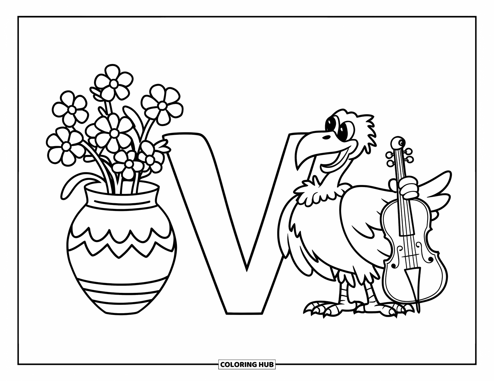 Letter V Coloring Page for Kids: V with a vase of violets and v with a violin-playing vulture