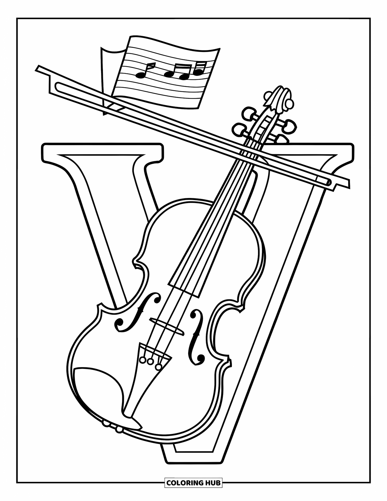 Letter V Coloring Page for Kids: V with a violin, bow, and music sheet above held by two hands