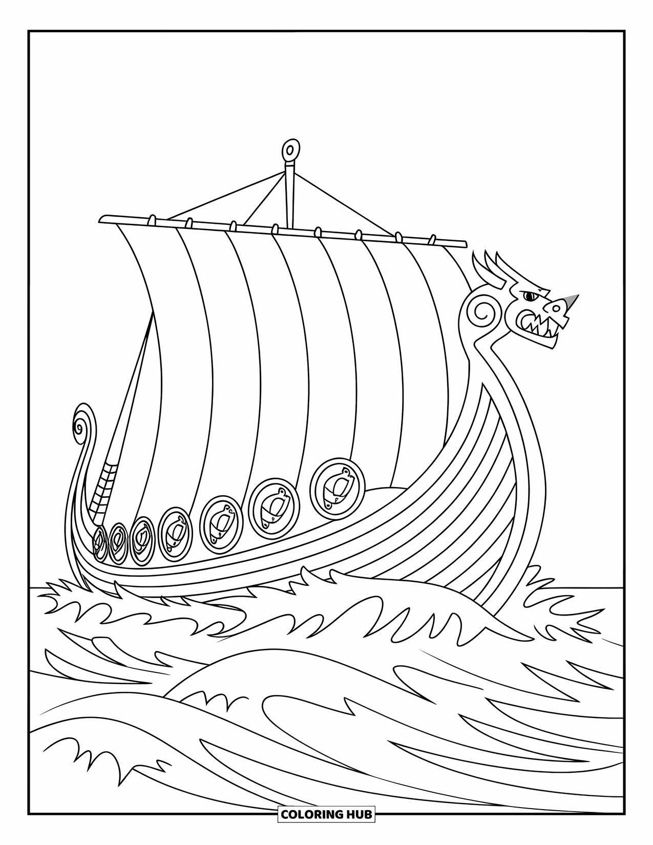 Letter V Coloring Page for Kids: Viking ship with dragon head battles stormy seas and giant waves