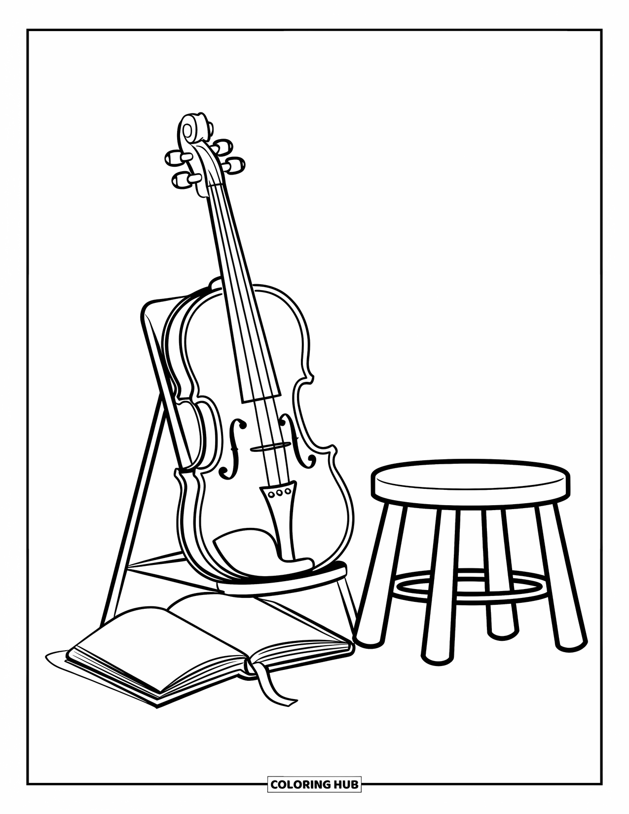 Letter V Coloring Page for Kids: Violin on a stand with music book and stool beside it