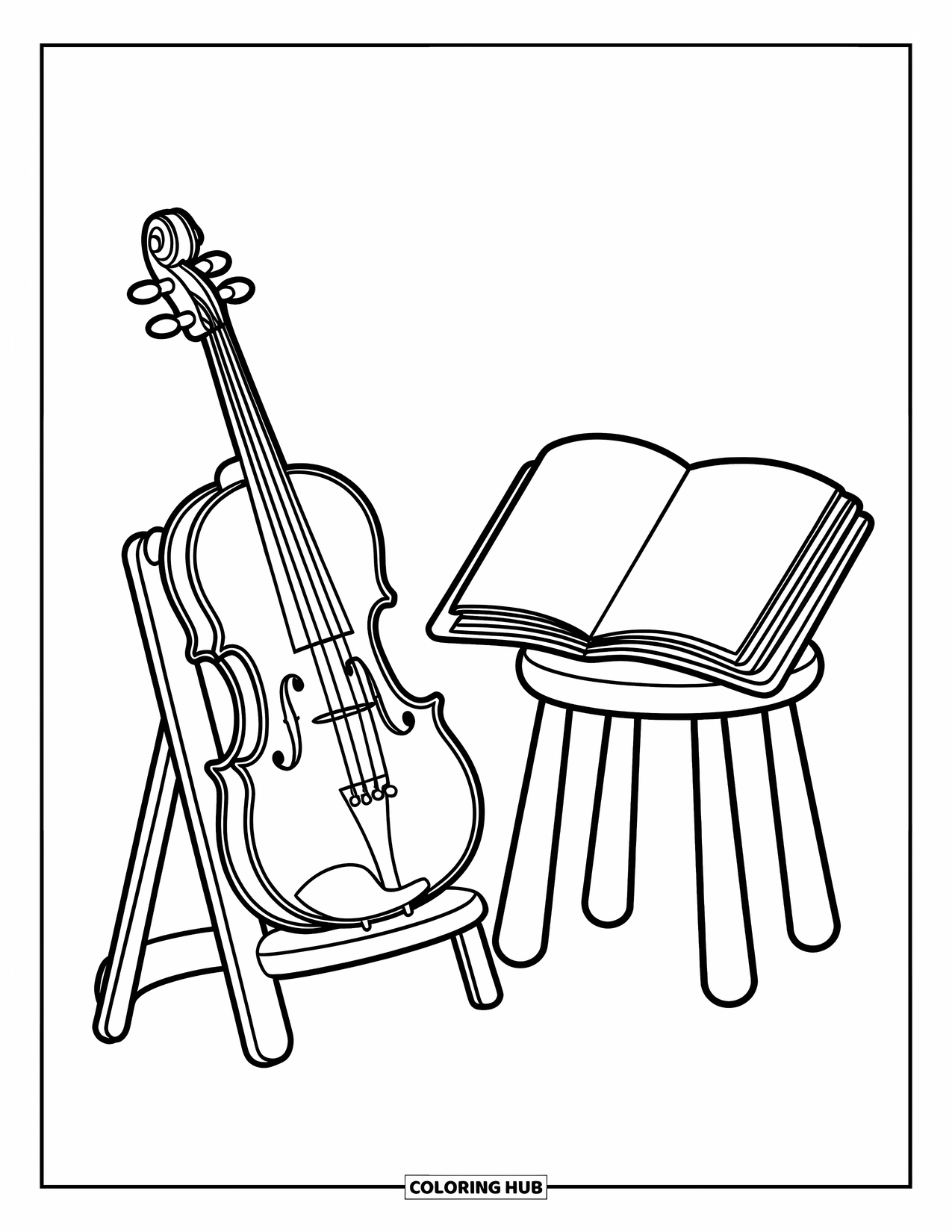 Letter V Coloring Page for Kids: Violin setup with open sheet music and a curved-back stool