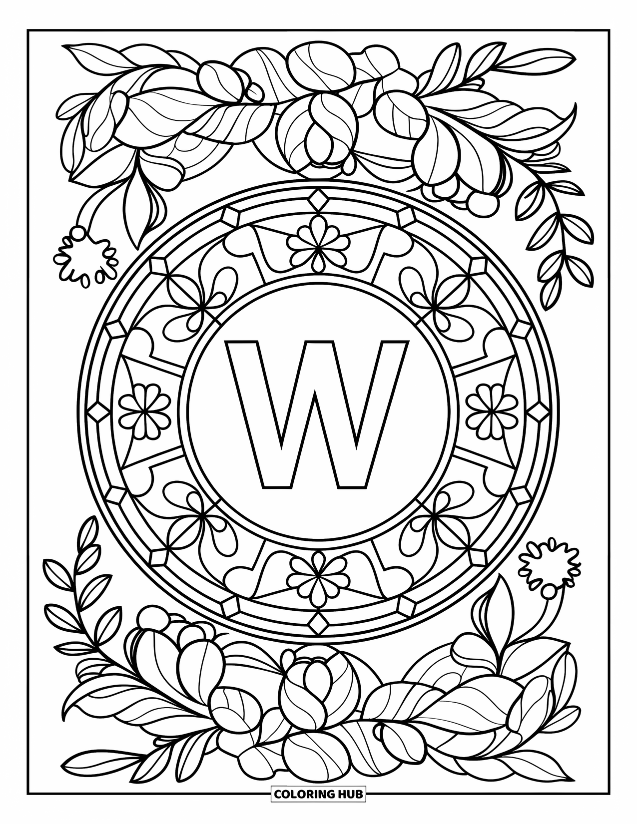 Letter W Coloring Page for Adults: A bold "W" glows in leafy stained glass details