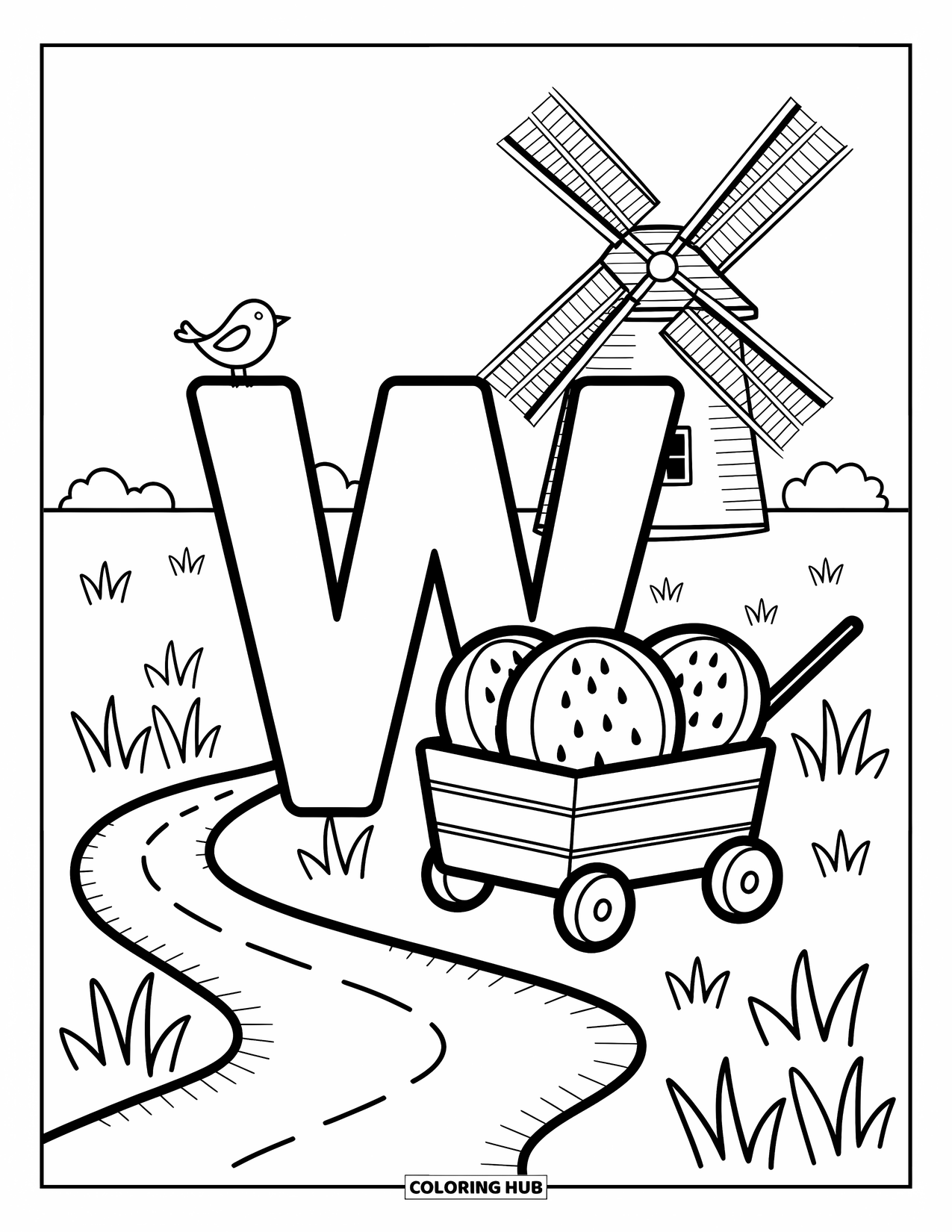 Letter W Coloring Page for Adults: A cheerful "W" stands near a wagon, watermelon slices, and spinning windmill