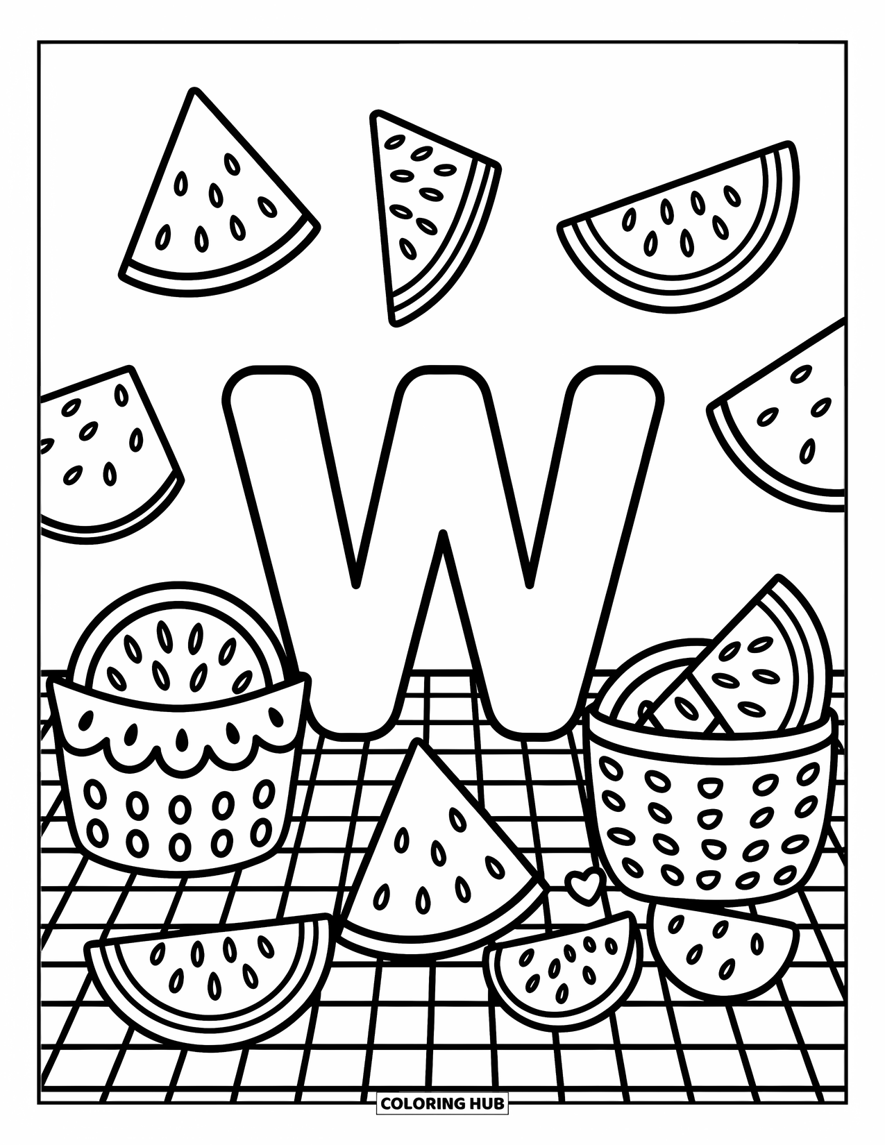 Letter W Coloring Page for Adults: A cheerful "W" with round, triangle, and half-moon watermelon slices