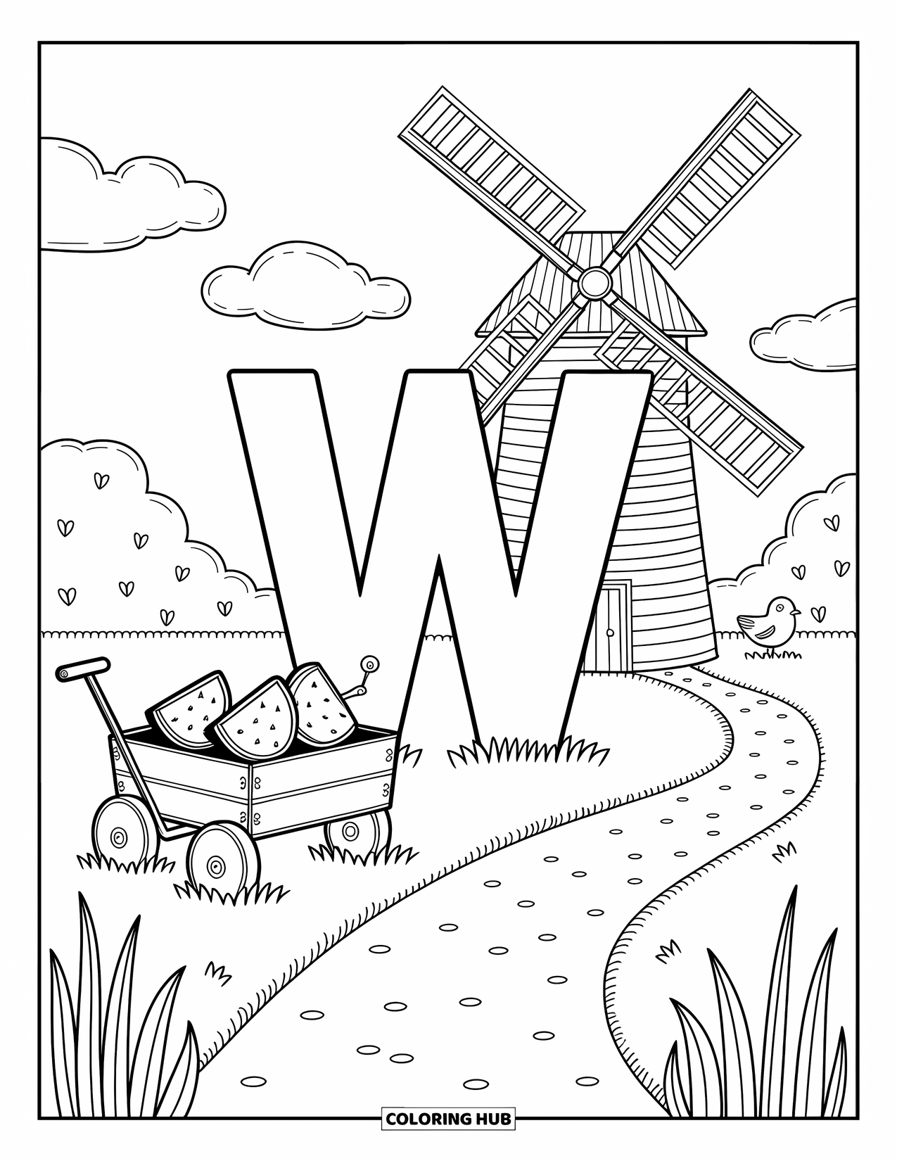 Letter W Coloring Page for Adults: A cozy windmill turns behind "W" and a wagon full of watermelon