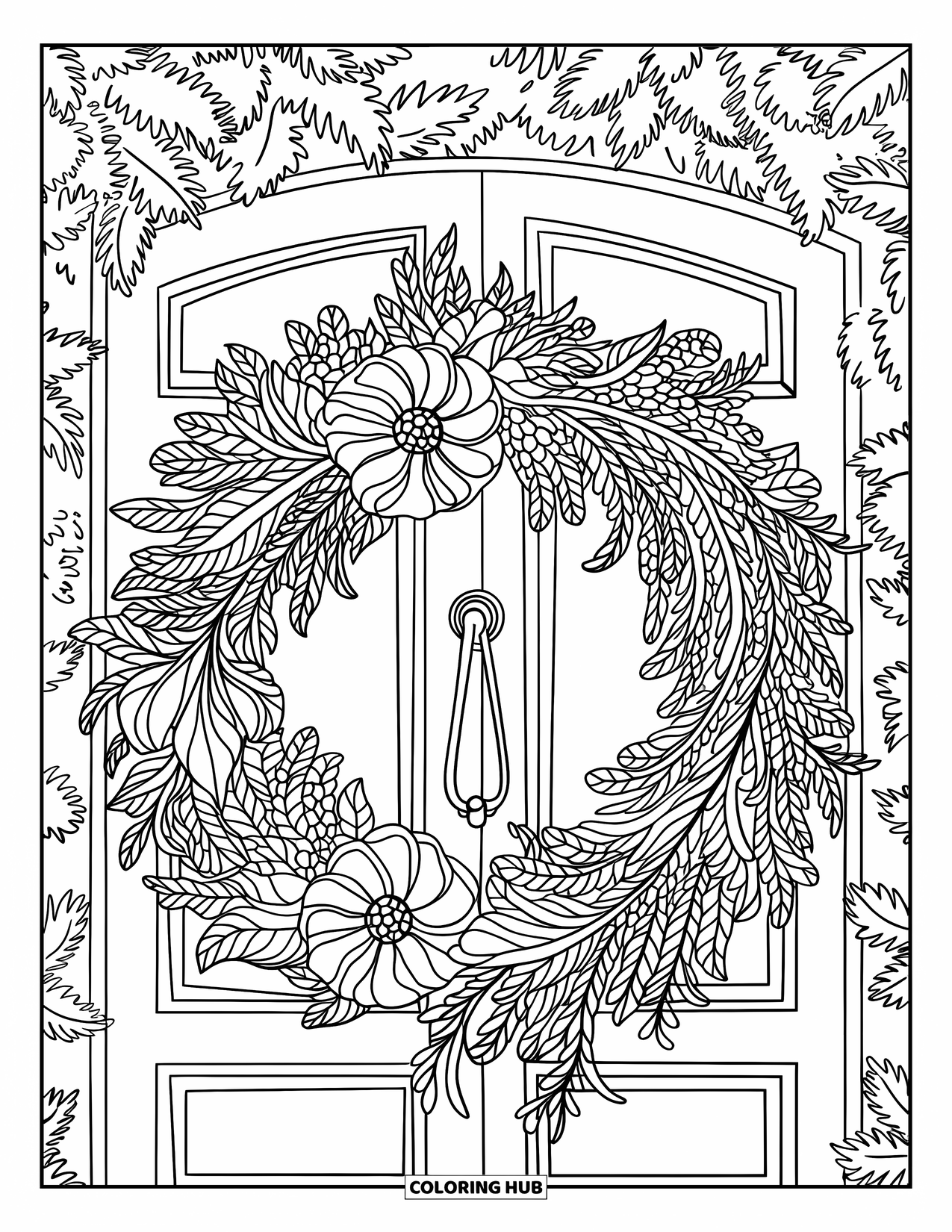 Letter W Coloring Page for Adults: A door wreath of lace florals and vines adds a cozy touch
