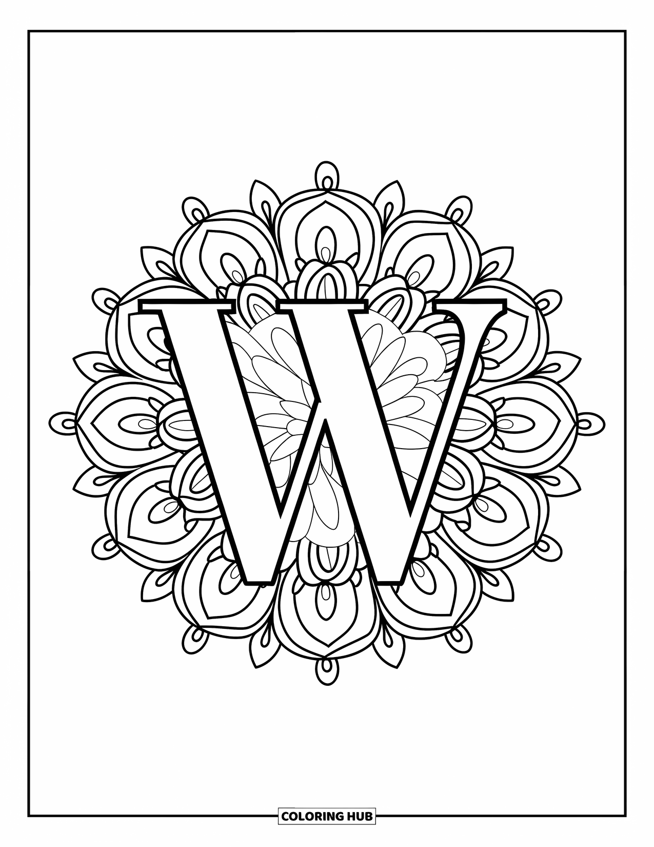 Letter W Coloring Page for Adults: A floral mandala with leaves and vines surrounds "W"